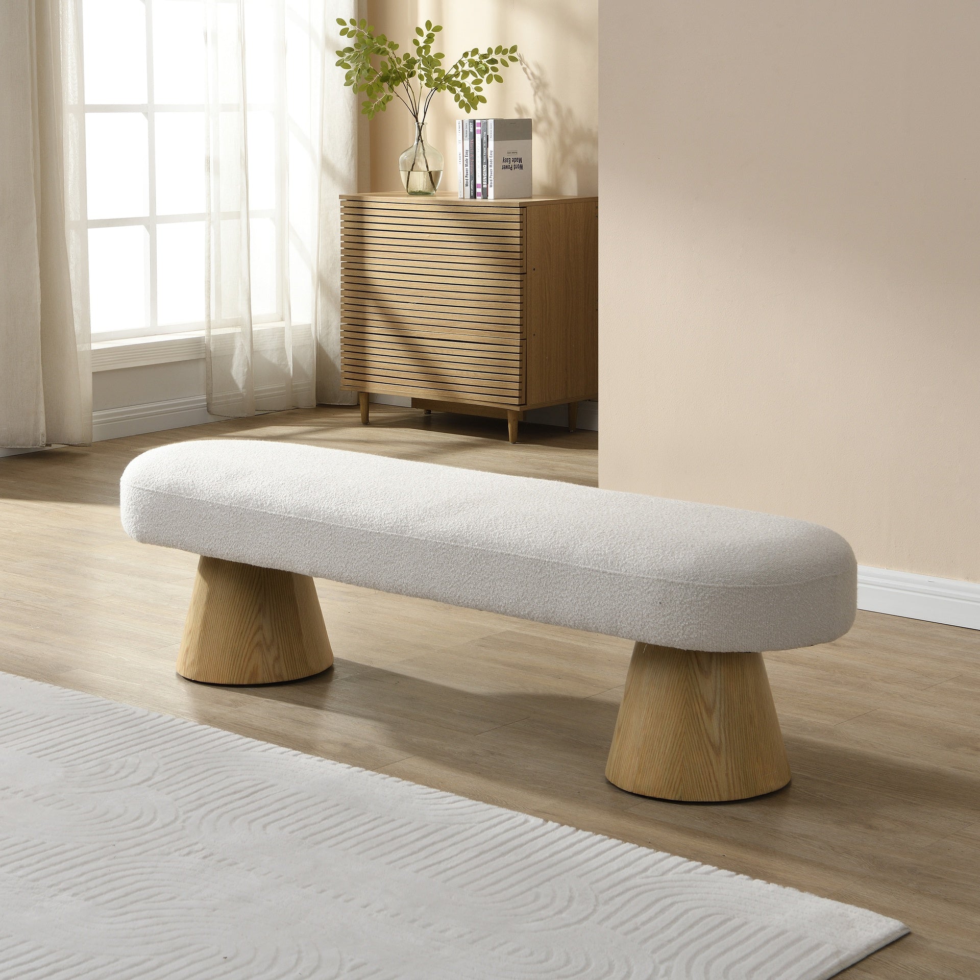 Dining Bench for Dining Room, Upholstered Bedroom End of Bed Entryway Bench, Boucle Ottoman for Living Room, 64"L Beige Stool Top Wood Leg 300 LBS Weight Capacity