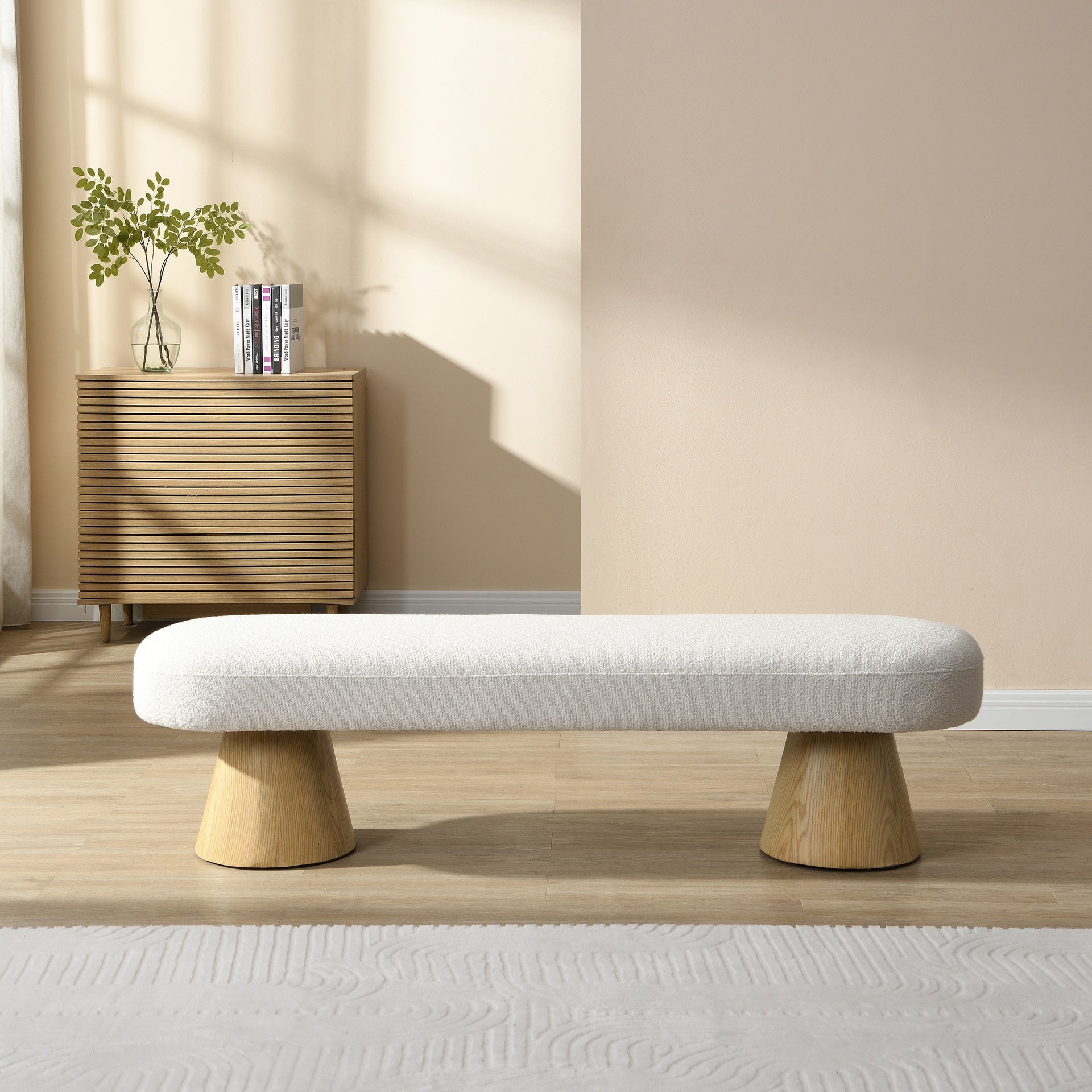 Dining Bench for Dining Room, Upholstered Bedroom End of Bed Entryway Bench, Boucle Ottoman for Living Room, 64"L Beige Stool Top Wood Leg 300 LBS Weight Capacity