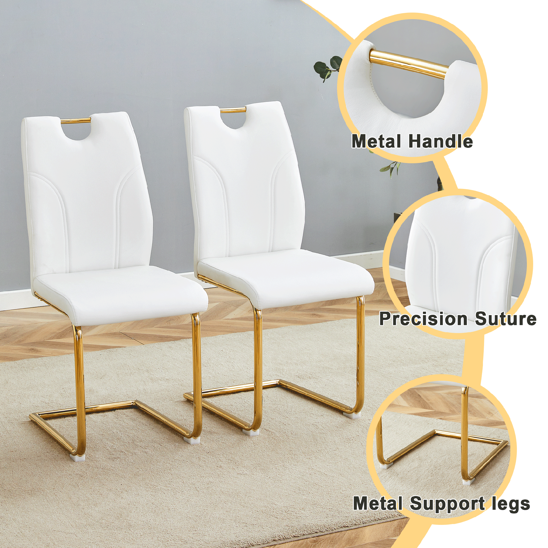 White PU Dining Chair Set.Uniquely designed white dining chairs. PU material, paired with gold metal chair legs. Suitable for offices, restaurants, kitchens, conference rooms, etc.(Set of 6)