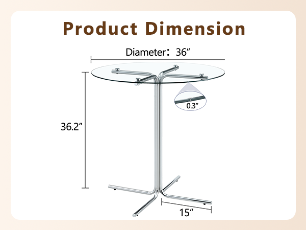 Round glass bar high table, 36 inch round bar table, tempered glass tabletop, sturdy silver chrome plated four column support, suitable for transparent round bar tables in small spaces, kitchens