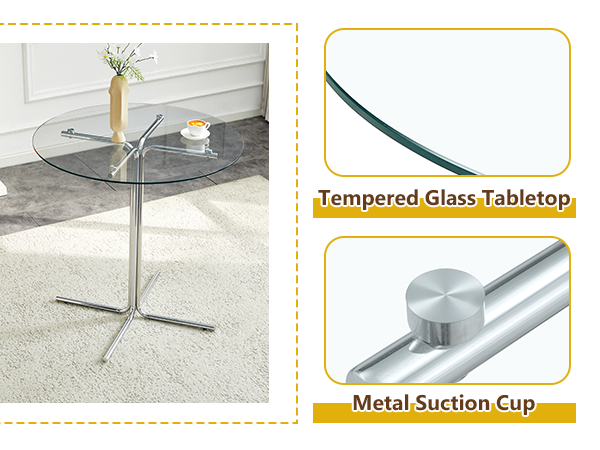 Round glass bar high table, 36 inch round bar table, tempered glass tabletop, sturdy silver chrome plated four column support, suitable for transparent round bar tables in small spaces, kitchens
