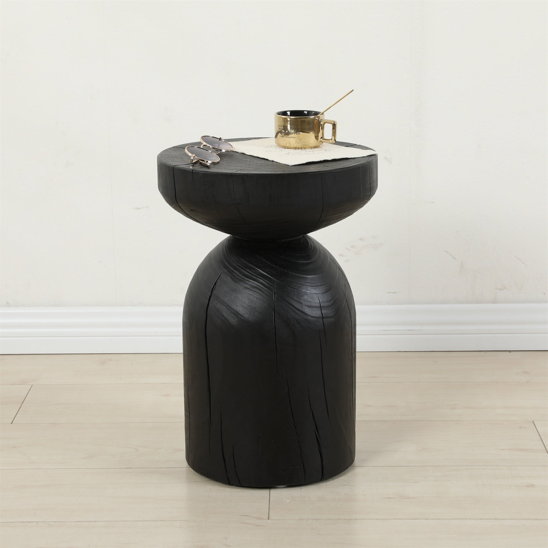 Solid Mango Wood Side End Table in Black, 12.4*17.7 inch Round Contemporary Wooden Accent Table, Small Round Plant Stand, Burnt vintage cracked end table for the Living Room and Bedroom