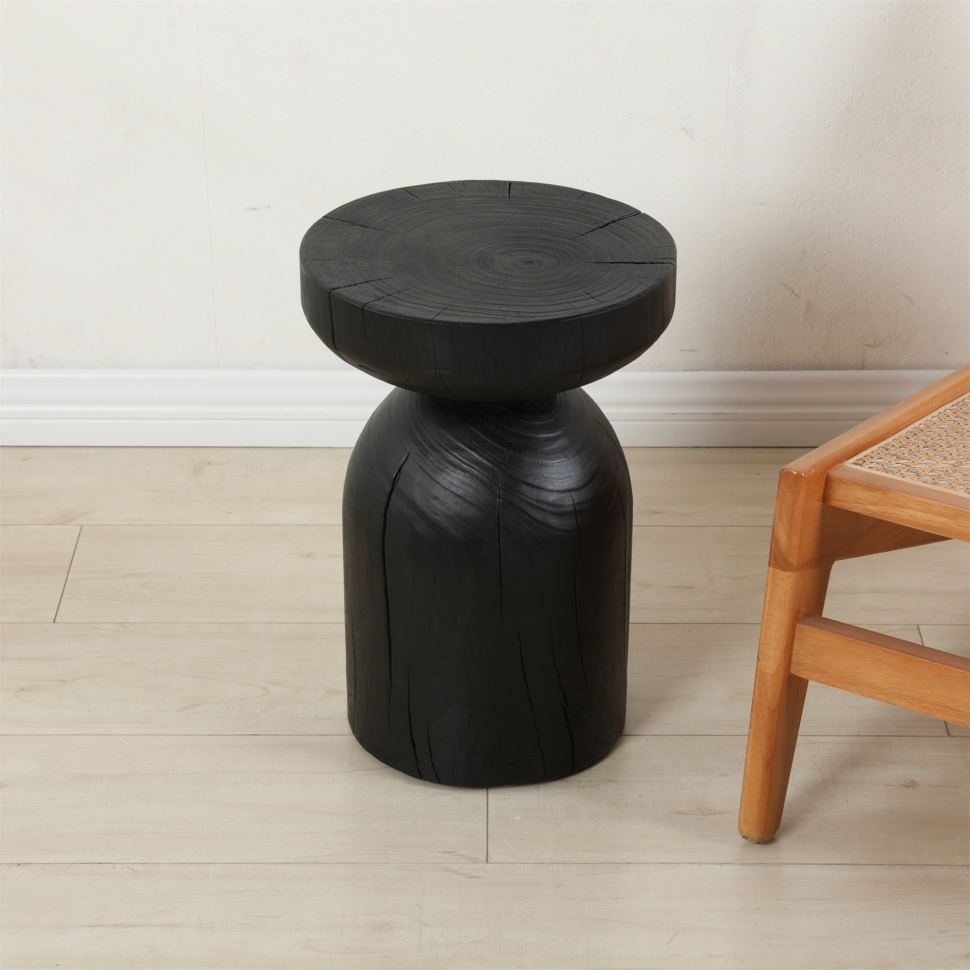 Solid Mango Wood Side End Table in Black, 12.4*17.7 inch Round Contemporary Wooden Accent Table, Small Round Plant Stand, Burnt vintage cracked end table for the Living Room and Bedroom