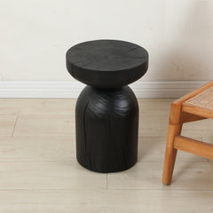 Solid Mango Wood Side End Table in Black, 12.4*17.7 inch Round Contemporary Wooden Accent Table, Small Round Plant Stand, Burnt vintage cracked end table for the Living Room and Bedroom
