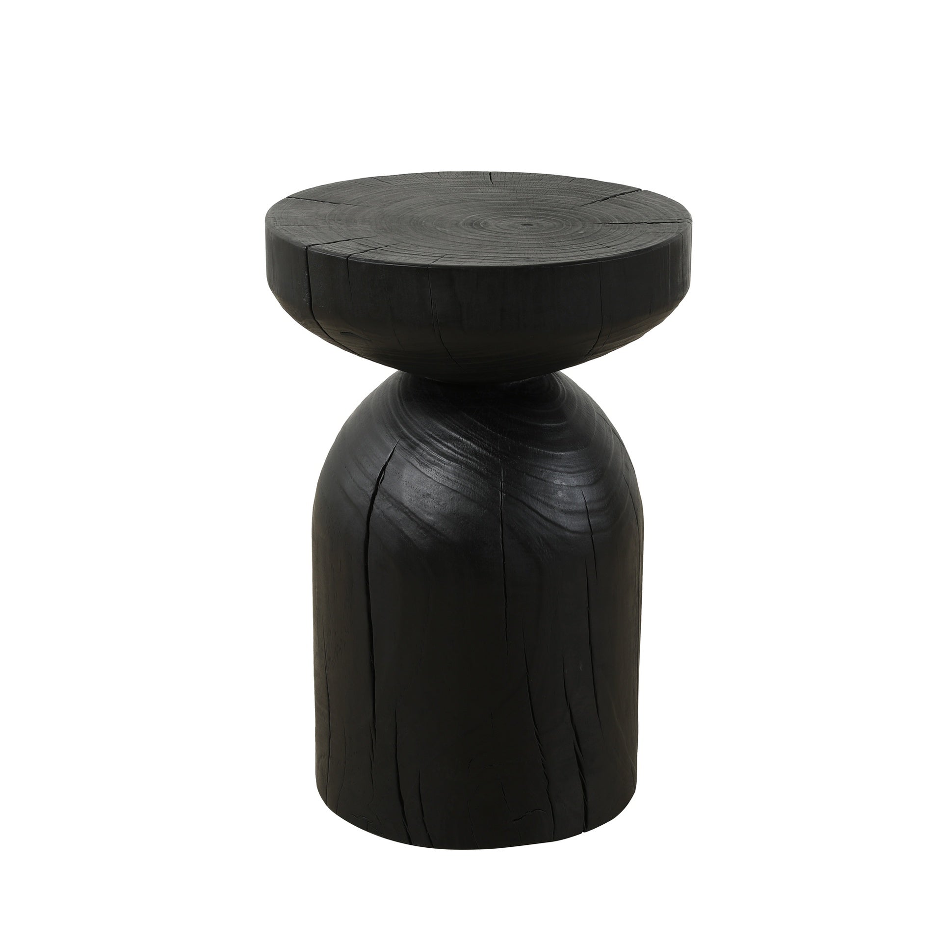 Solid Mango Wood Side End Table in Black, 12.4*17.7 inch Round Contemporary Wooden Accent Table, Small Round Plant Stand, Burnt vintage cracked end table for the Living Room and Bedroom
