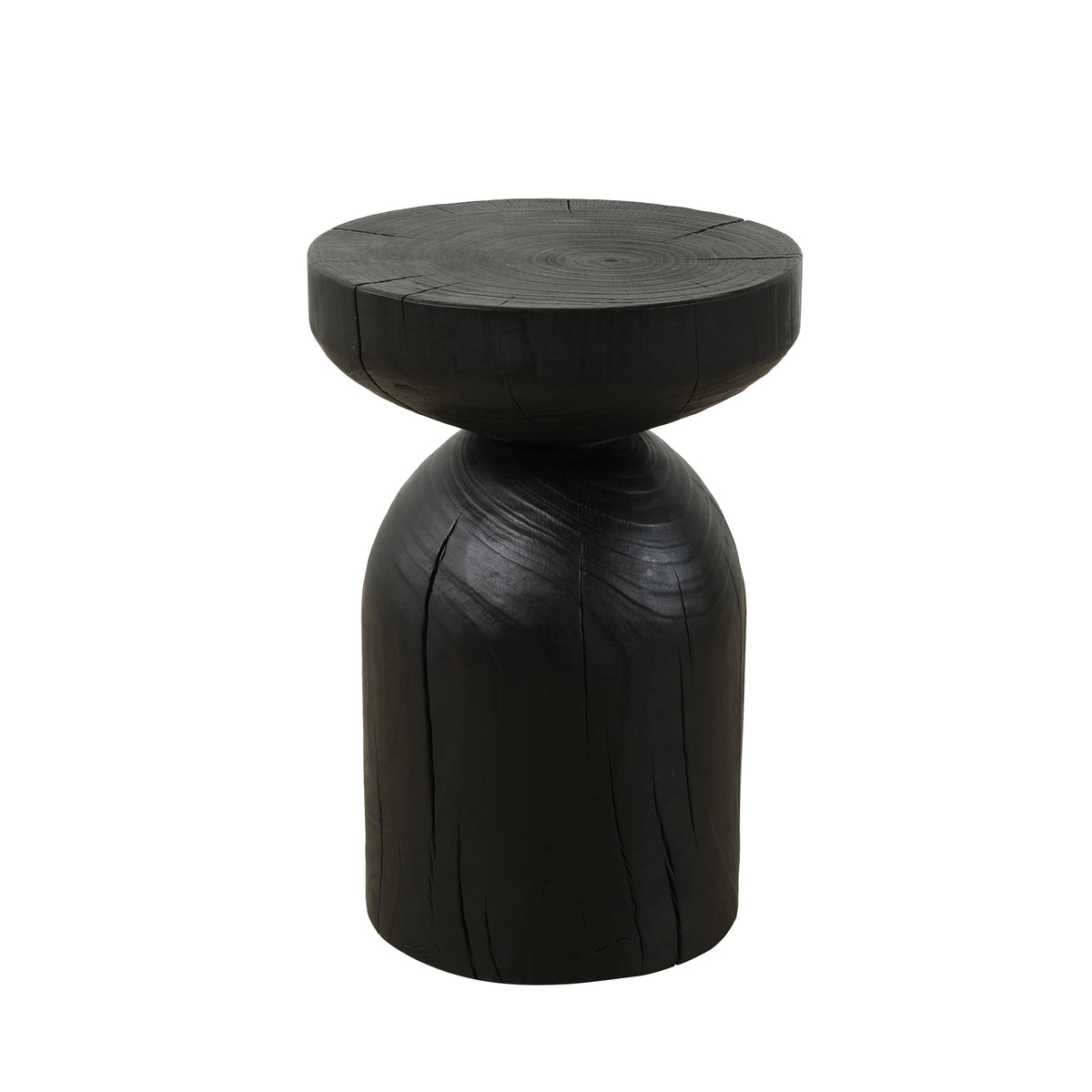Solid Mango Wood Side End Table in Black, 12.4*17.7 inch Round Contemporary Wooden Accent Table, Small Round Plant Stand, Burnt vintage cracked end table for the Living Room and Bedroom