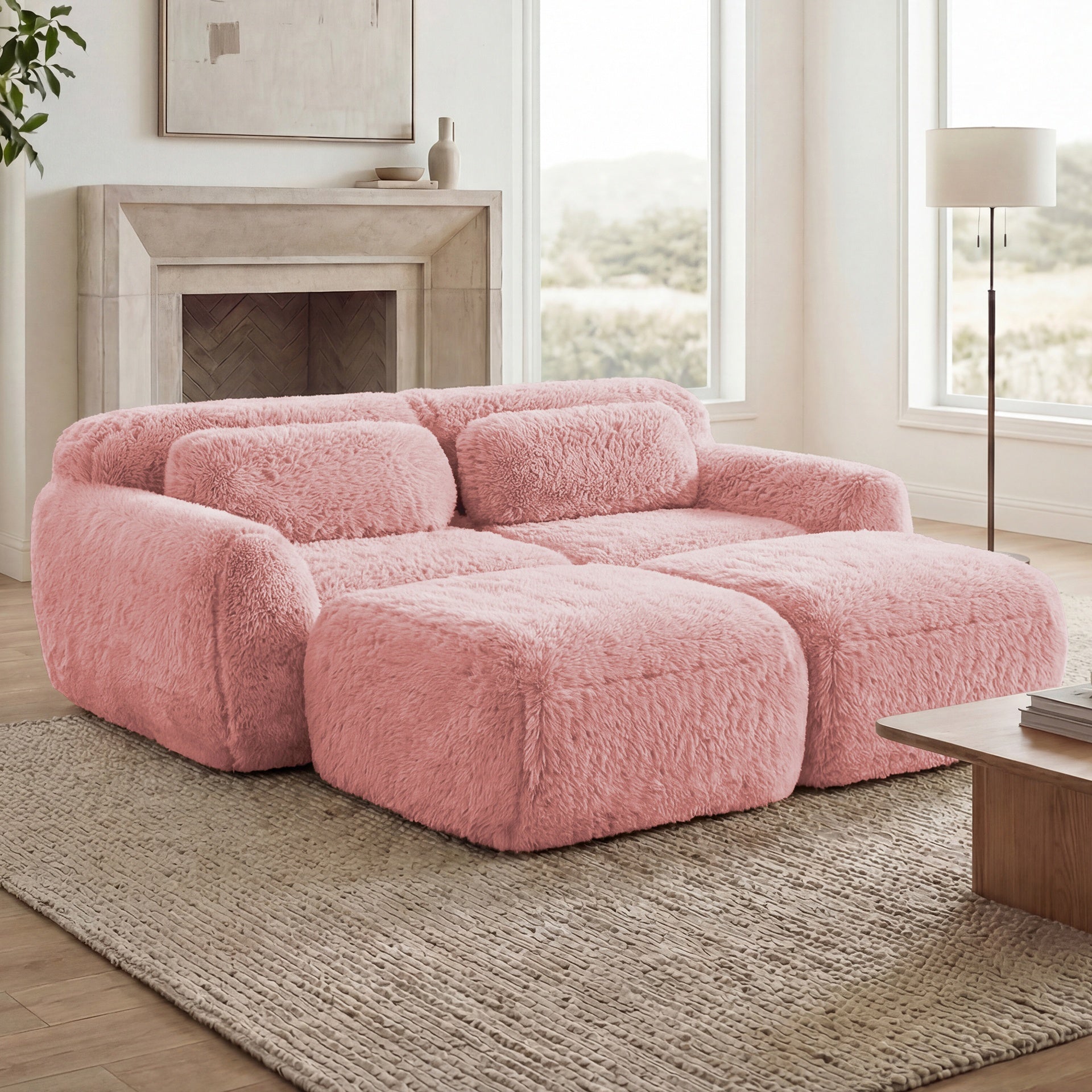 80''Soft Plush Fabric,Boneless Sofa,No Assembly Required,Bottom Anti-Slip Design With Chaise,With Ottoman And Throw Pillows,Deep Seat Design,32D High Density Sponge Free Combination For Study,Pink