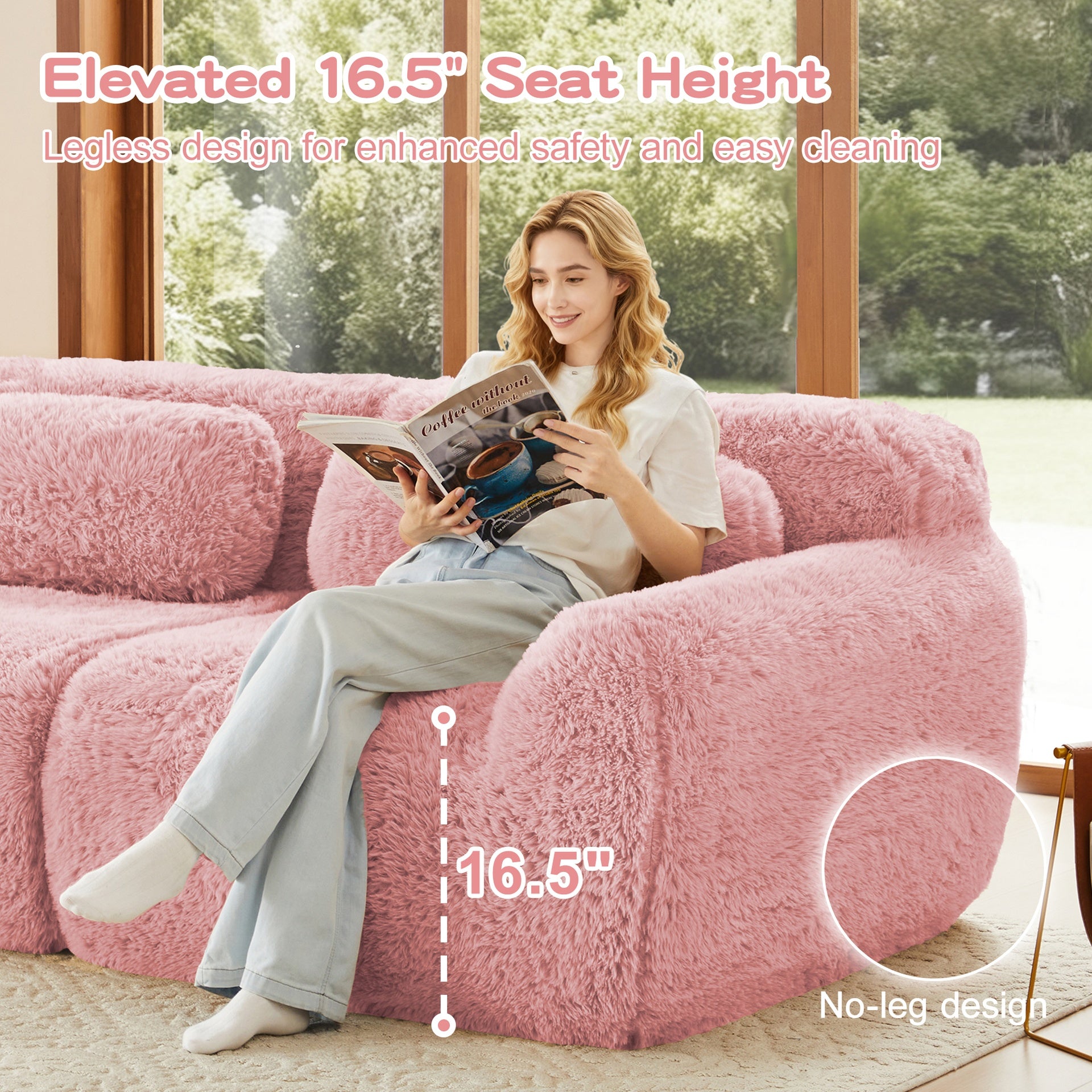 80''Soft Plush Fabric,Boneless Sofa,No Assembly Required,Bottom Anti-Slip Design With Chaise,With Ottoman And Throw Pillows,Deep Seat Design,32D High Density Sponge Free Combination For Study,Pink
