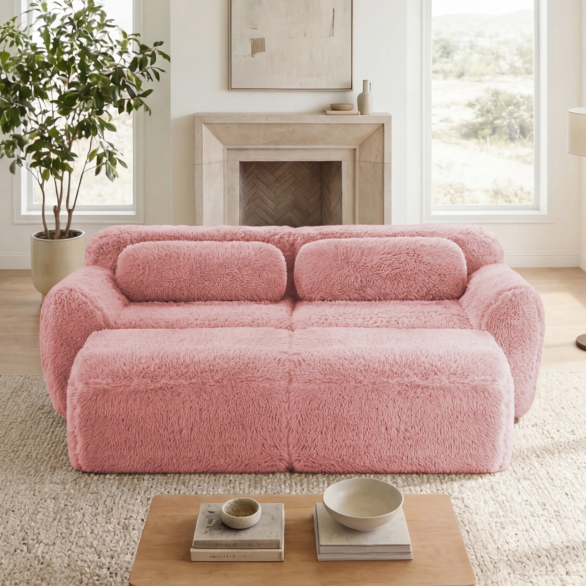 80''Soft Plush Fabric,Boneless Sofa,No Assembly Required,Bottom Anti-Slip Design With Chaise,With Ottoman And Throw Pillows,Deep Seat Design,32D High Density Sponge Free Combination For Study,Pink