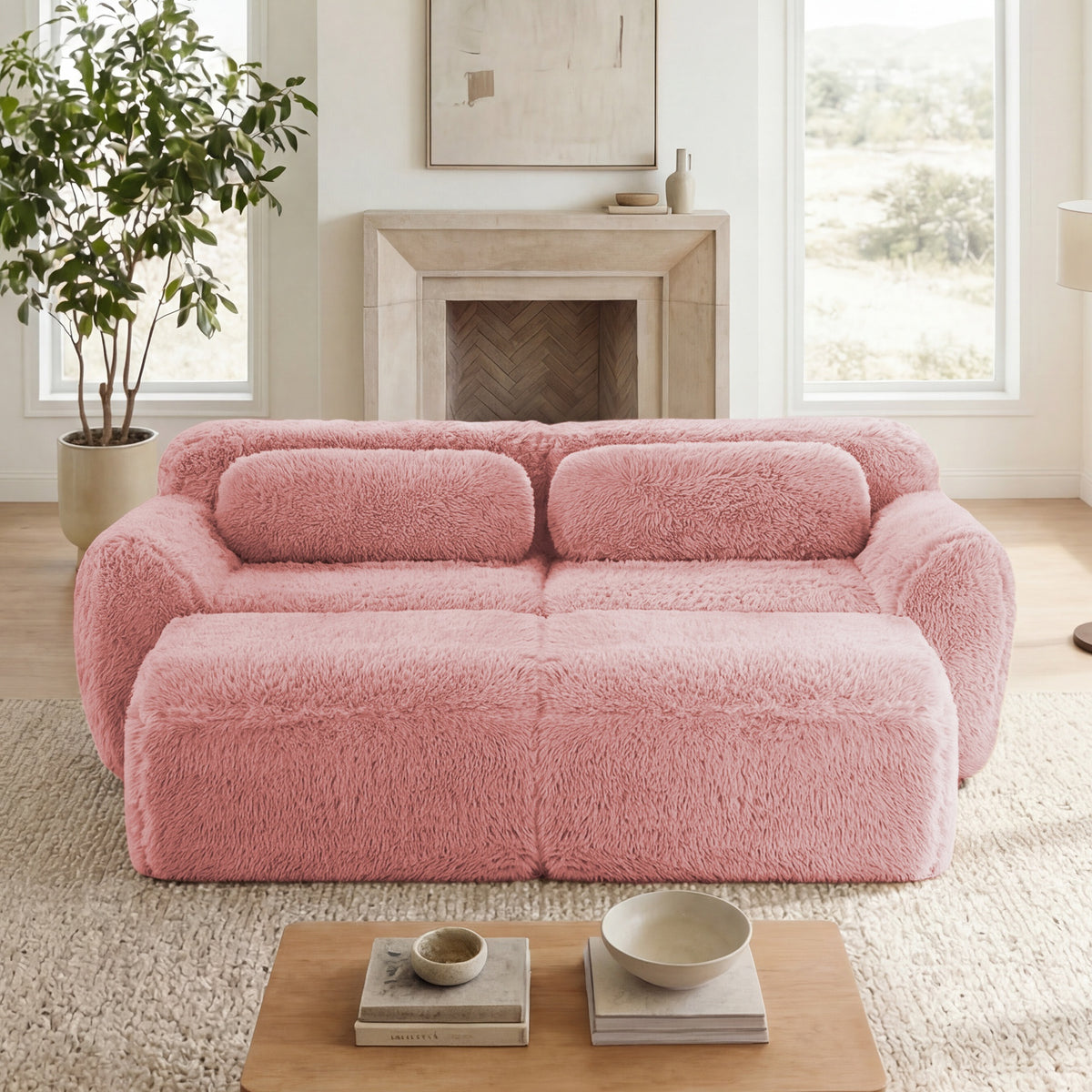 80''Soft Plush Fabric,Boneless Sofa,No Assembly Required,Bottom Anti-Slip Design With Chaise,With Ottoman And Throw Pillows,Deep Seat Design,32D High Density Sponge Free Combination For Study,Pink