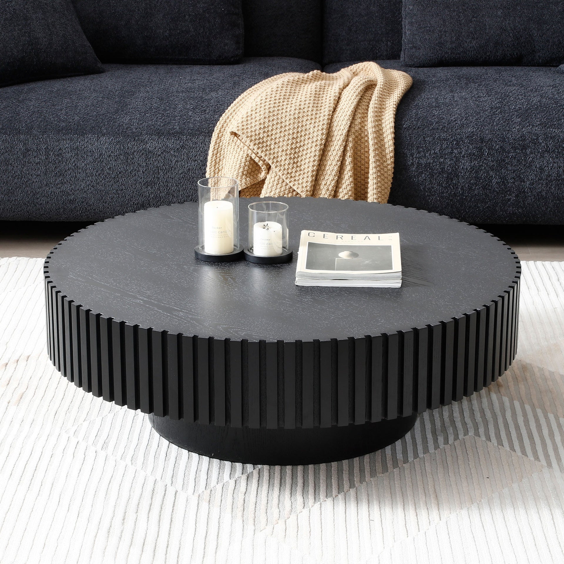 31.49'' Nesting Round Wood Coffee table for Apartment, Modern Living Room Coffee Table with Sturdy Pedestal ,BLACK (Same Sku:W876P147627)