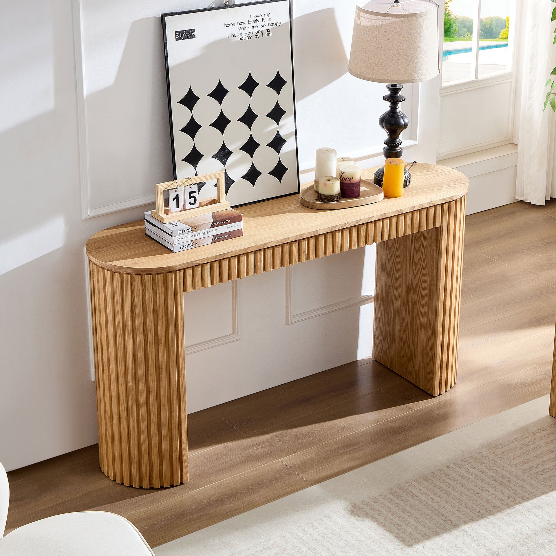 59.05'' Modern Console Table With Drawer for Entryway with Unique Vertical Stripe Design for Living Room Hallway Foyer Entrance Study,NATURE