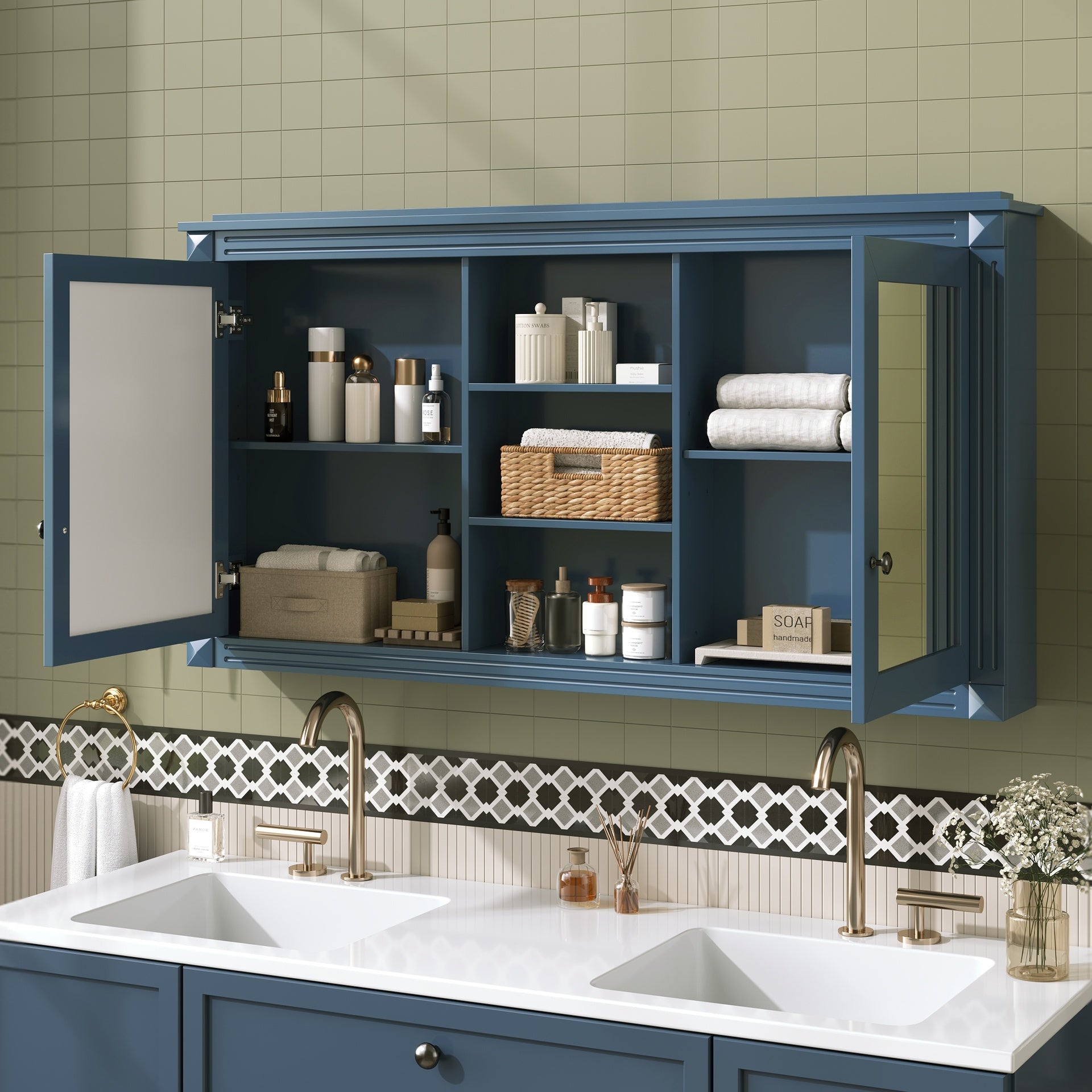 55 inch Wall-Mount 2-in-1 Mirror Cabinet with Adjustable Shelves, Soft-Closing Hinges, High-Definition Mirrors, for Bathroom Vanity, Living Room, Bedroom Storage Organizer