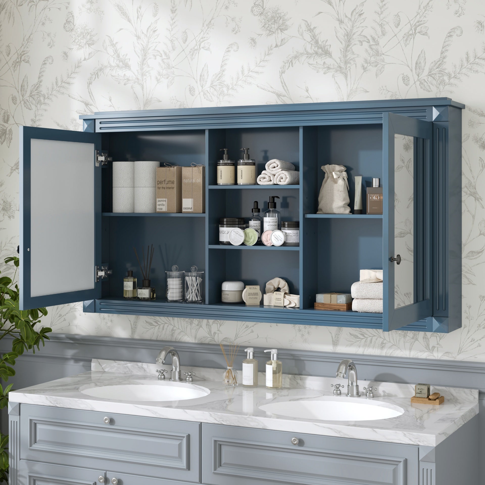 55 inch Wall-Mount 2-in-1 Mirror Cabinet with Adjustable Shelves, Soft-Closing Hinges, High-Definition Mirrors, for Bathroom Vanity, Living Room, Bedroom Storage Organizer