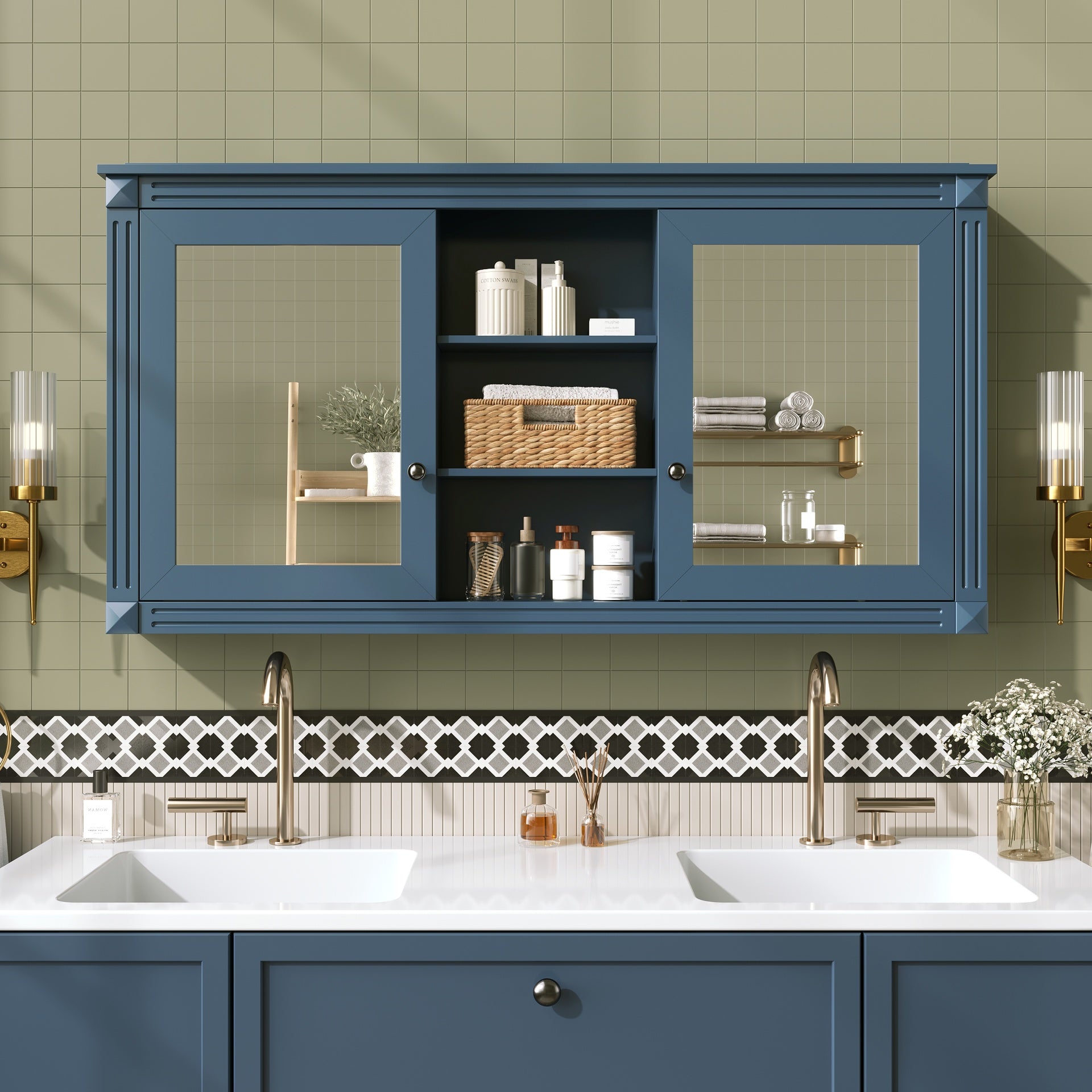 55 inch Wall-Mount 2-in-1 Mirror Cabinet with Adjustable Shelves, Soft-Closing Hinges, High-Definition Mirrors, for Bathroom Vanity, Living Room, Bedroom Storage Organizer