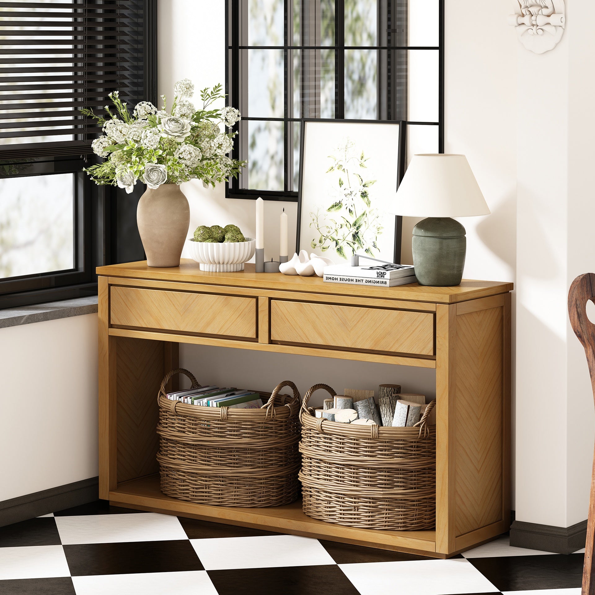 TREXM 55" Console Table, Rustic Wooden Entryway Table with Storage Drawers and Open Shelf, Elegant Sofa Table for Hallway and Living Room (Natural)