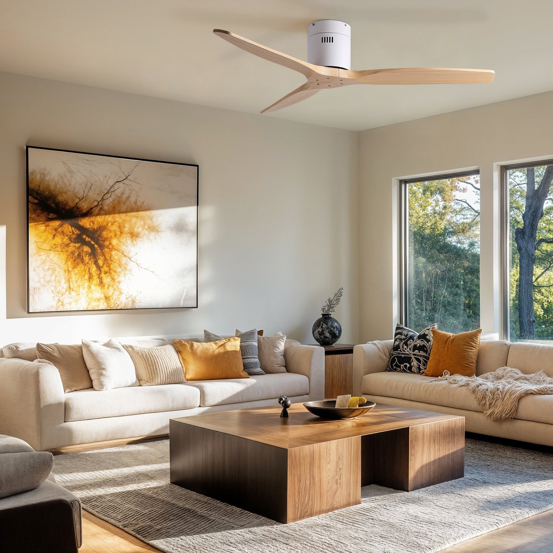 52 inch American Mordern Cozy Vibrant Natural Style Solid Wood Low Profile Flush Ceiling Fan without Light