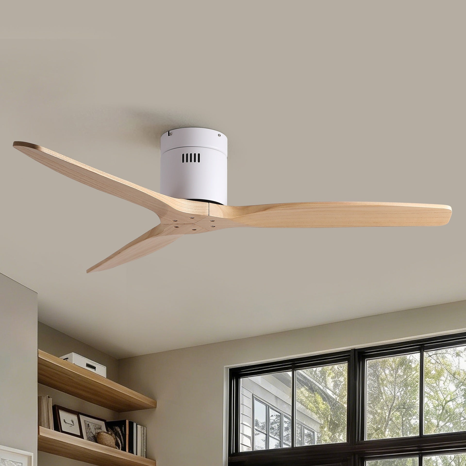 52 inch American Mordern Cozy Vibrant Natural Style Solid Wood Low Profile Flush Ceiling Fan without Light