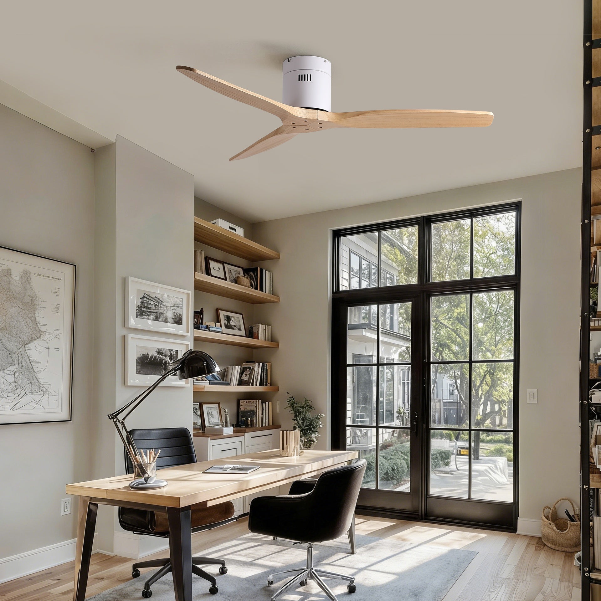 52 inch American Mordern Cozy Vibrant Natural Style Solid Wood Low Profile Flush Ceiling Fan without Light
