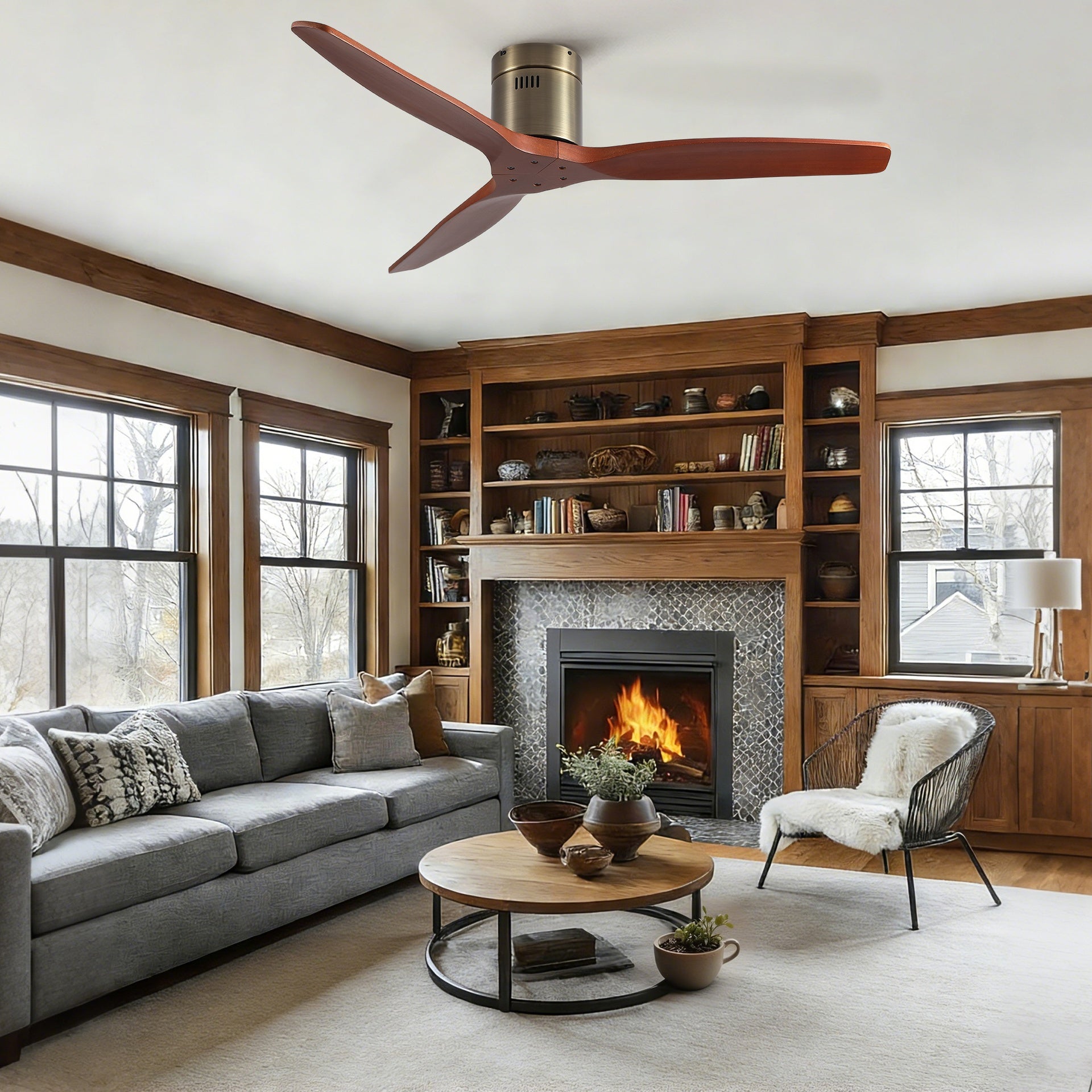 52 inch American Farmhouse Rustic Elegance Classical Solid Wood Low Profile Flush Mount Ceiling Fan without Light