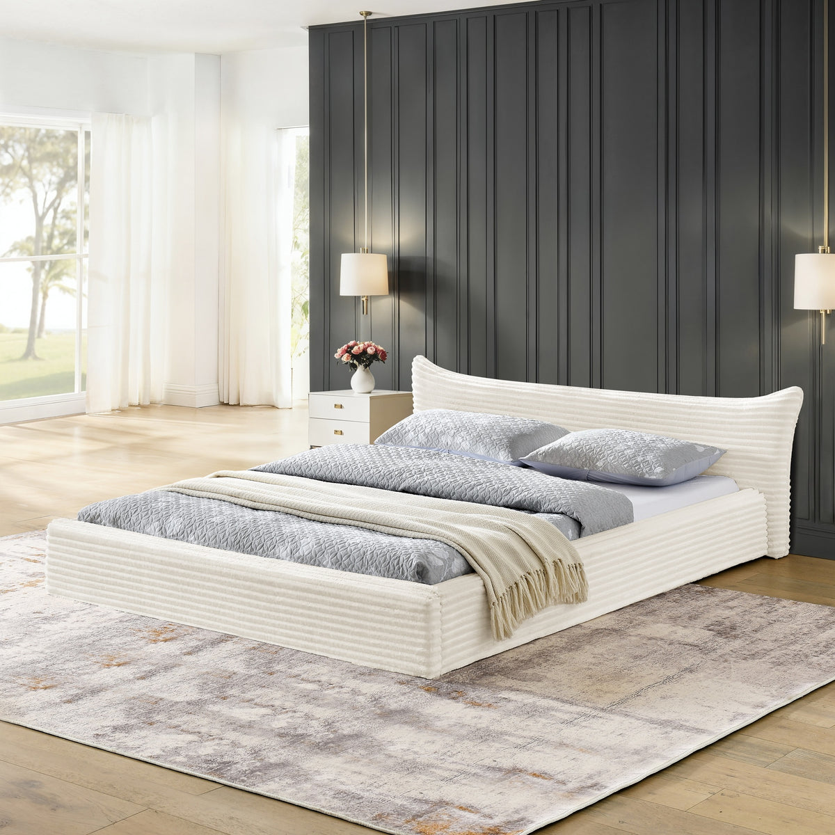 Queen Size Upholstered Bed FrameAnd velvet fabric,Grounded Platform Bed with Decorative Curved Headboard and Solid Wood Frame, No Box Spring Required-Beige(68''*87.75''*24.25'')