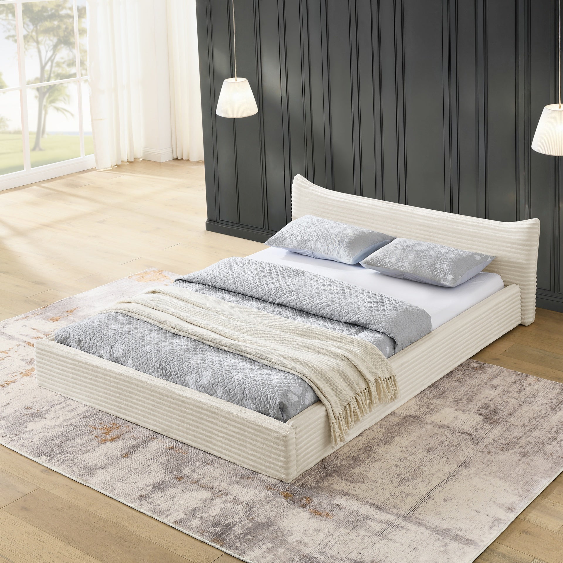 Queen Size Upholstered Bed FrameAnd velvet fabric,Grounded Platform Bed with Decorative Curved Headboard and Solid Wood Frame, No Box Spring Required-Beige(68''*87.75''*24.25'')