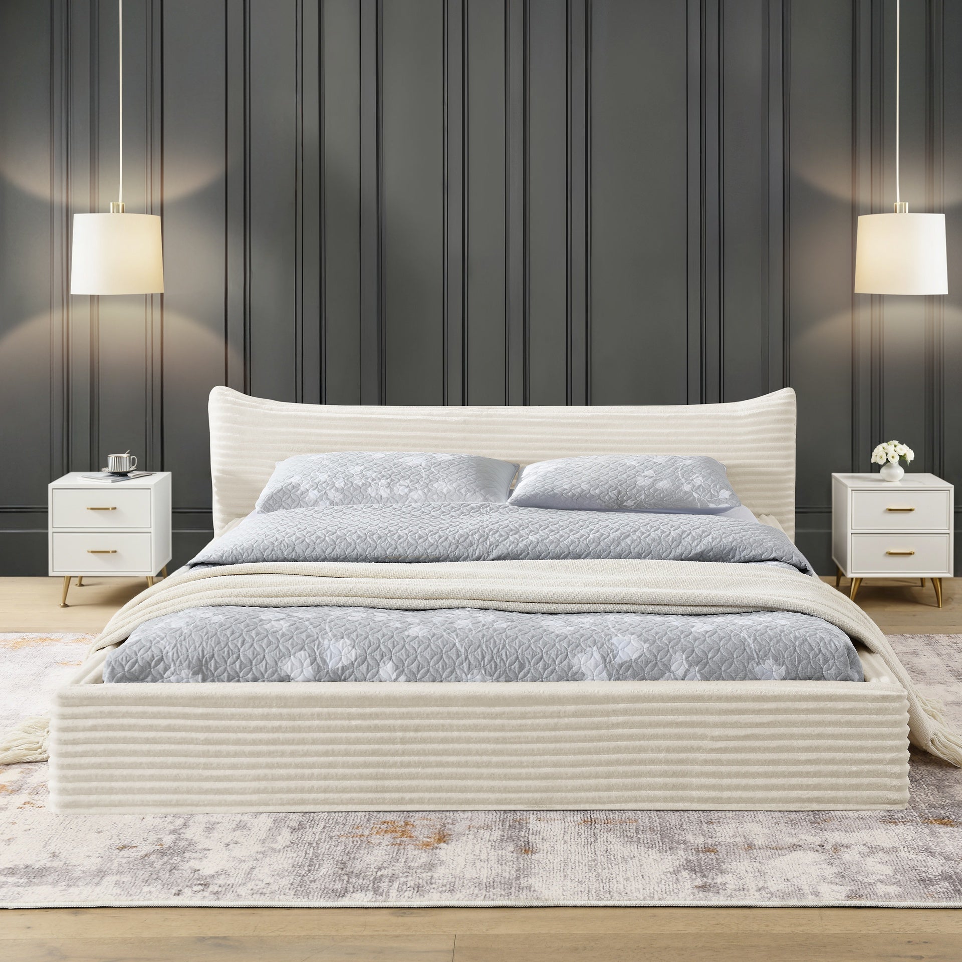 Queen Size Upholstered Bed FrameAnd velvet fabric,Grounded Platform Bed with Decorative Curved Headboard and Solid Wood Frame, No Box Spring Required-Beige(68''*87.75''*24.25'')