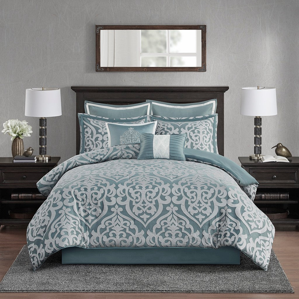 8 Piece Jacquard Comforter Set Aqua/Silver Queen