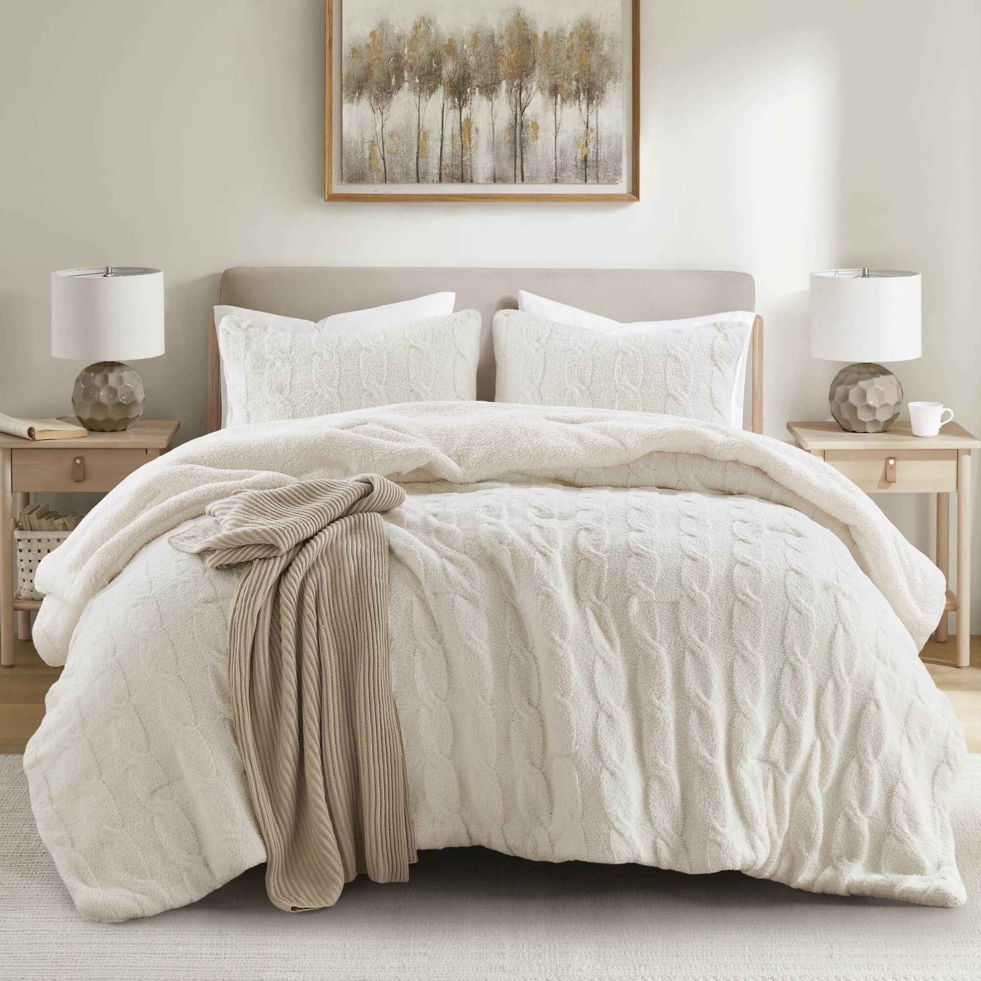 2 Pieces Twin Cable Knit Chenille Comforter Set,Ivory