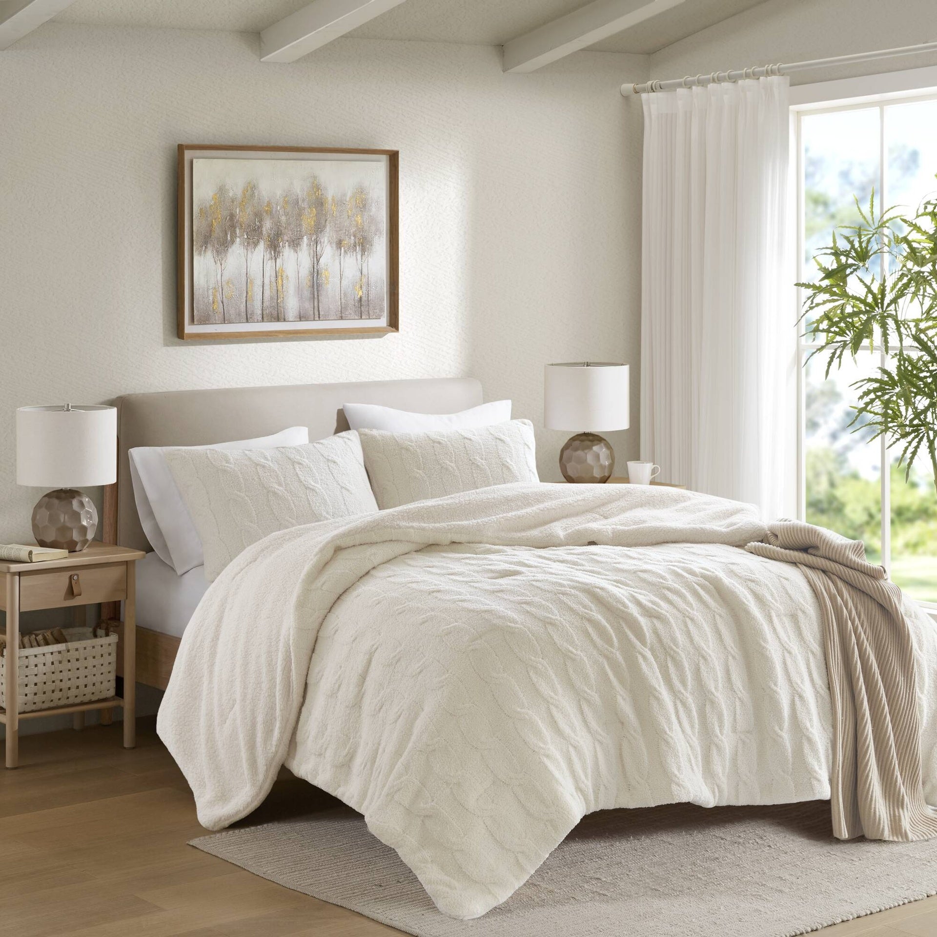 2 Pieces Twin Cable Knit Chenille Comforter Set,Ivory