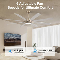 72 Inch  Ceiling Fan With Light Kit 3 Color  Dimmable LED, DC 6 Speed ,8 PCS Plywood Reversible Blades,Remote Control Ceiling Fan  for Patio Living Room, Bedroom, Office,Indoor.(Nickel)