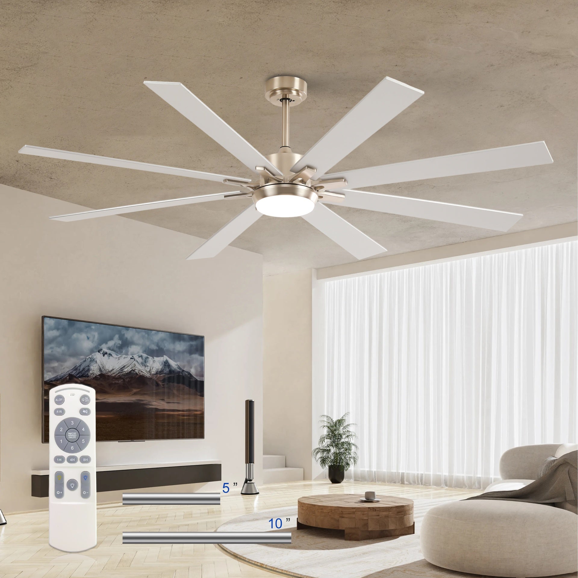 72 Inch  Ceiling Fan With Light Kit 3 Color  Dimmable LED, DC 6 Speed ,8 PCS Plywood Reversible Blades,Remote Control Ceiling Fan  for Patio Living Room, Bedroom, Office,Indoor.(Nickel)