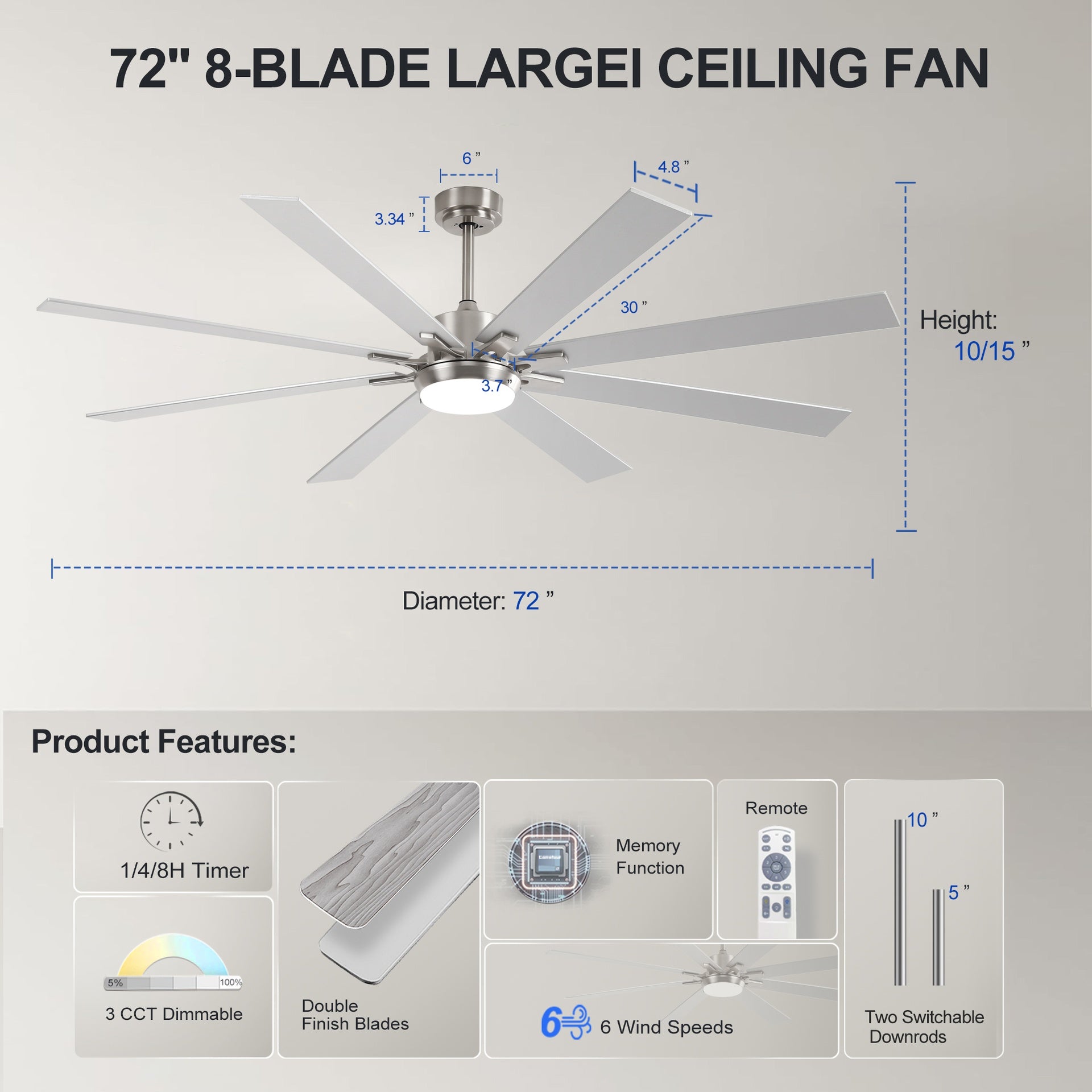 72 Inch  Ceiling Fan With Light Kit 3 Color  Dimmable LED, DC 6 Speed ,8 PCS Plywood Reversible Blades,Remote Control Ceiling Fan  for Patio Living Room, Bedroom, Office,Indoor.(Nickel)