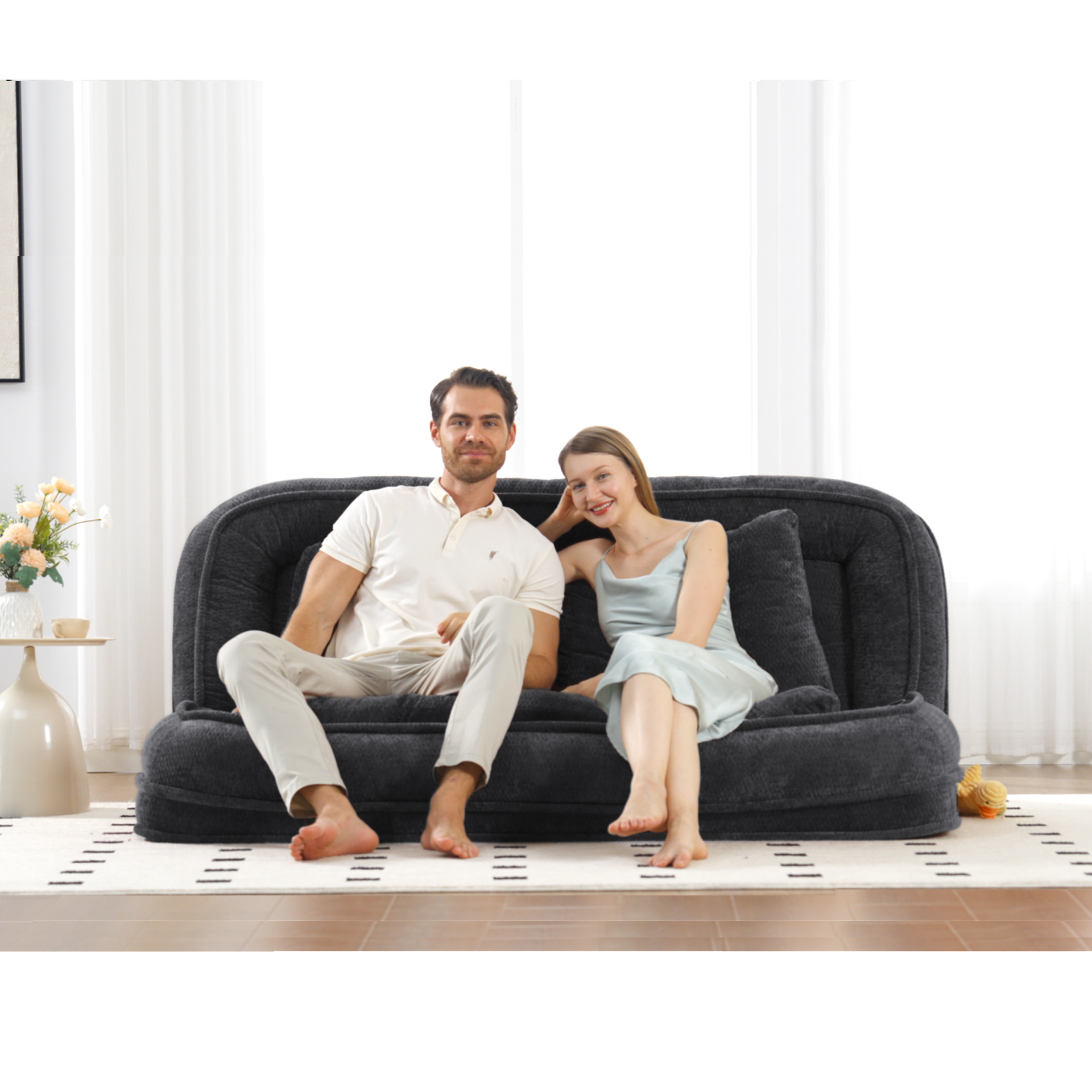 [NEW ARRIVED] [VIDEO PROVIDED] Double human dog bed,Lazy sofa ,Loveseat,Fits You & Pets,Extra Large Floor Couch,Can sit or lie down,2-in-1,5 Adjustable Position, Plump Pillow,2 Seat,Chenille,Black