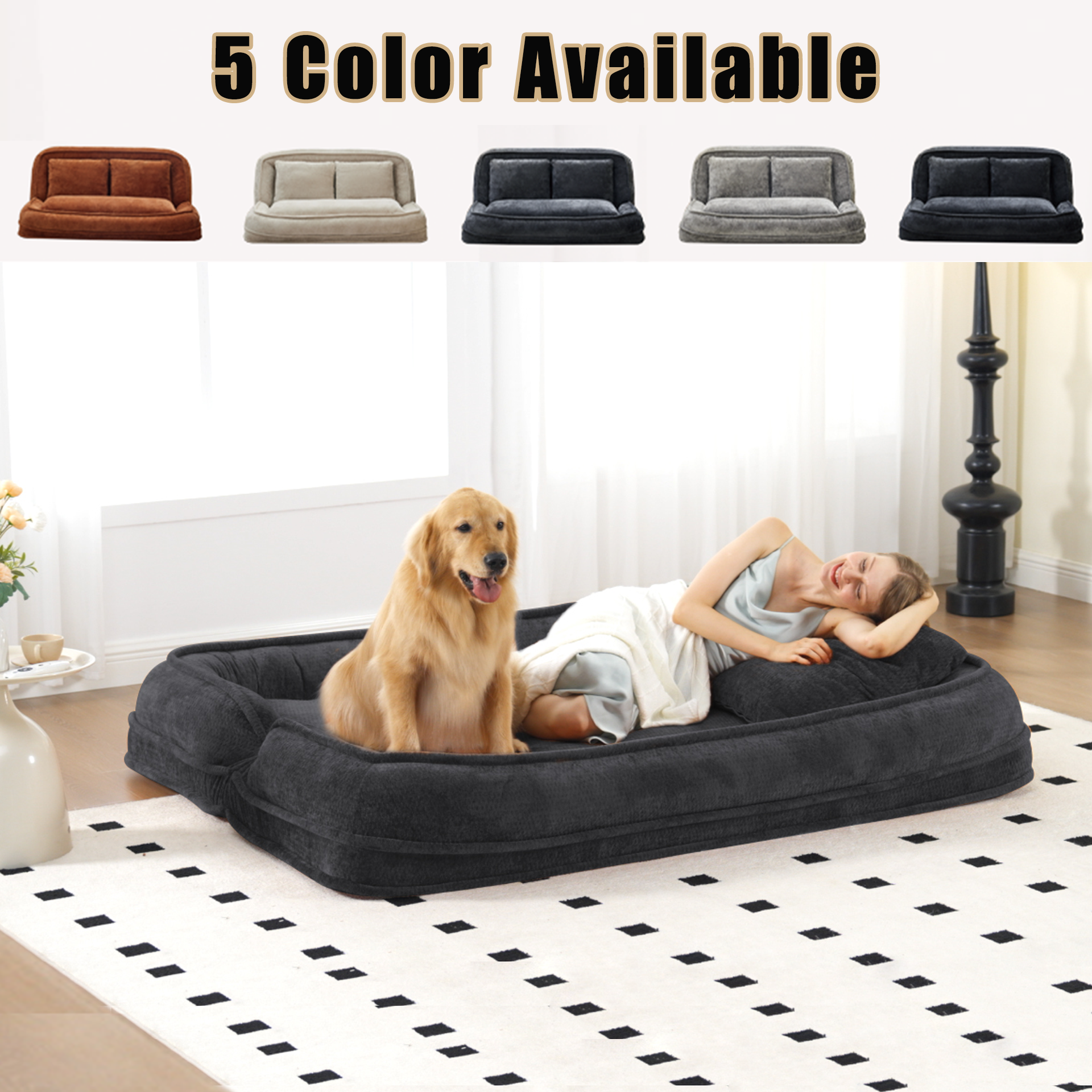 [NEW ARRIVED] [VIDEO PROVIDED] Double human dog bed,Lazy sofa ,Loveseat,Fits You & Pets,Extra Large Floor Couch,Can sit or lie down,2-in-1,5 Adjustable Position, Plump Pillow,2 Seat,Chenille,Black