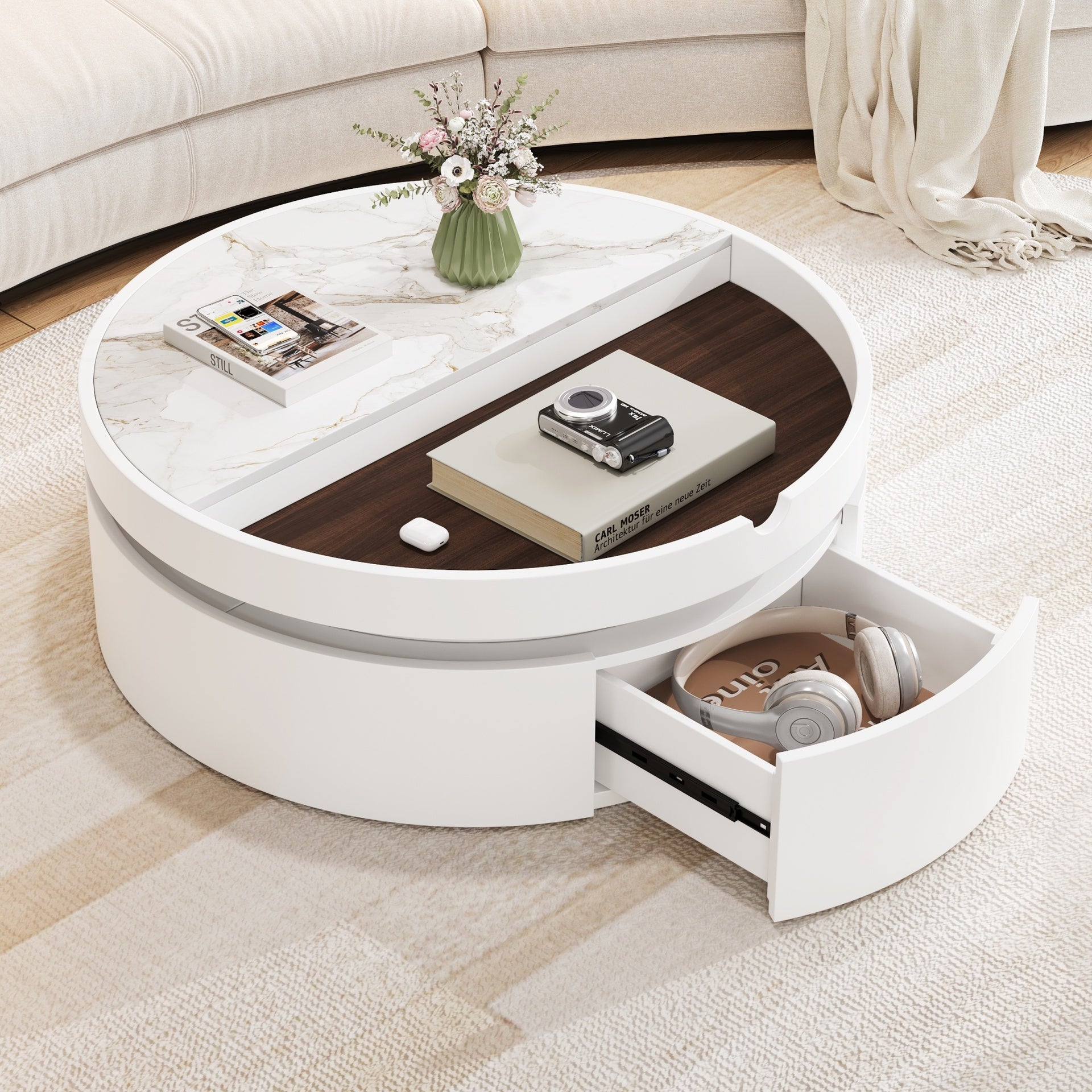 White Round Lift Coffee Table with 1 Drawer in 29.5", Marble and Wood Grain Tabletop