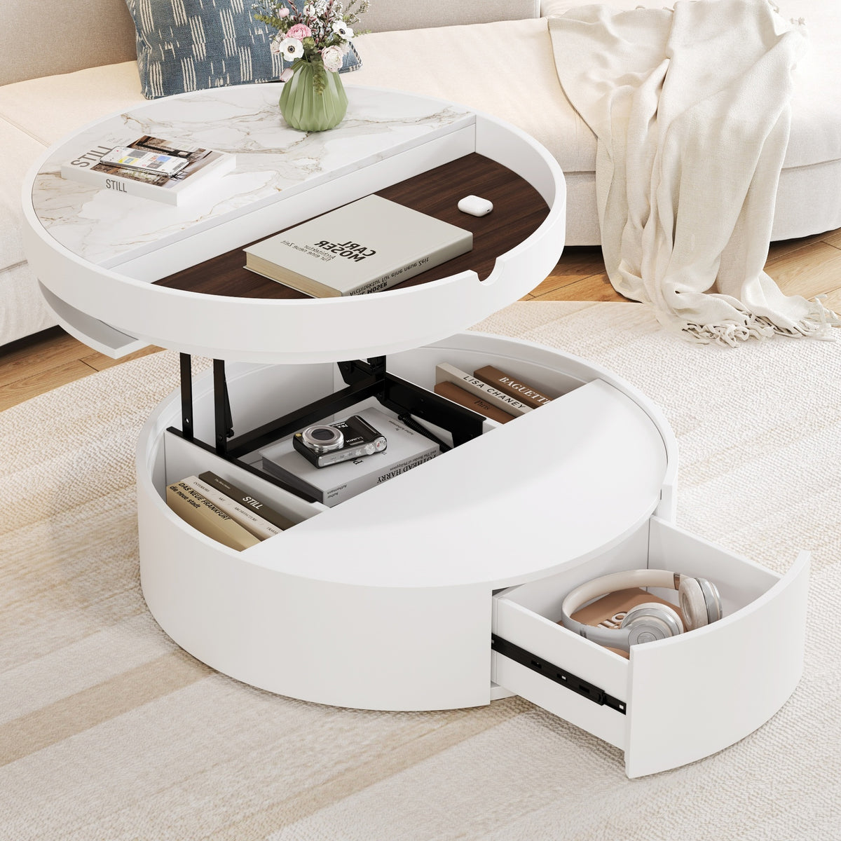 White Round Lift Coffee Table with 1 Drawer in 29.5", Marble and Wood Grain Tabletop