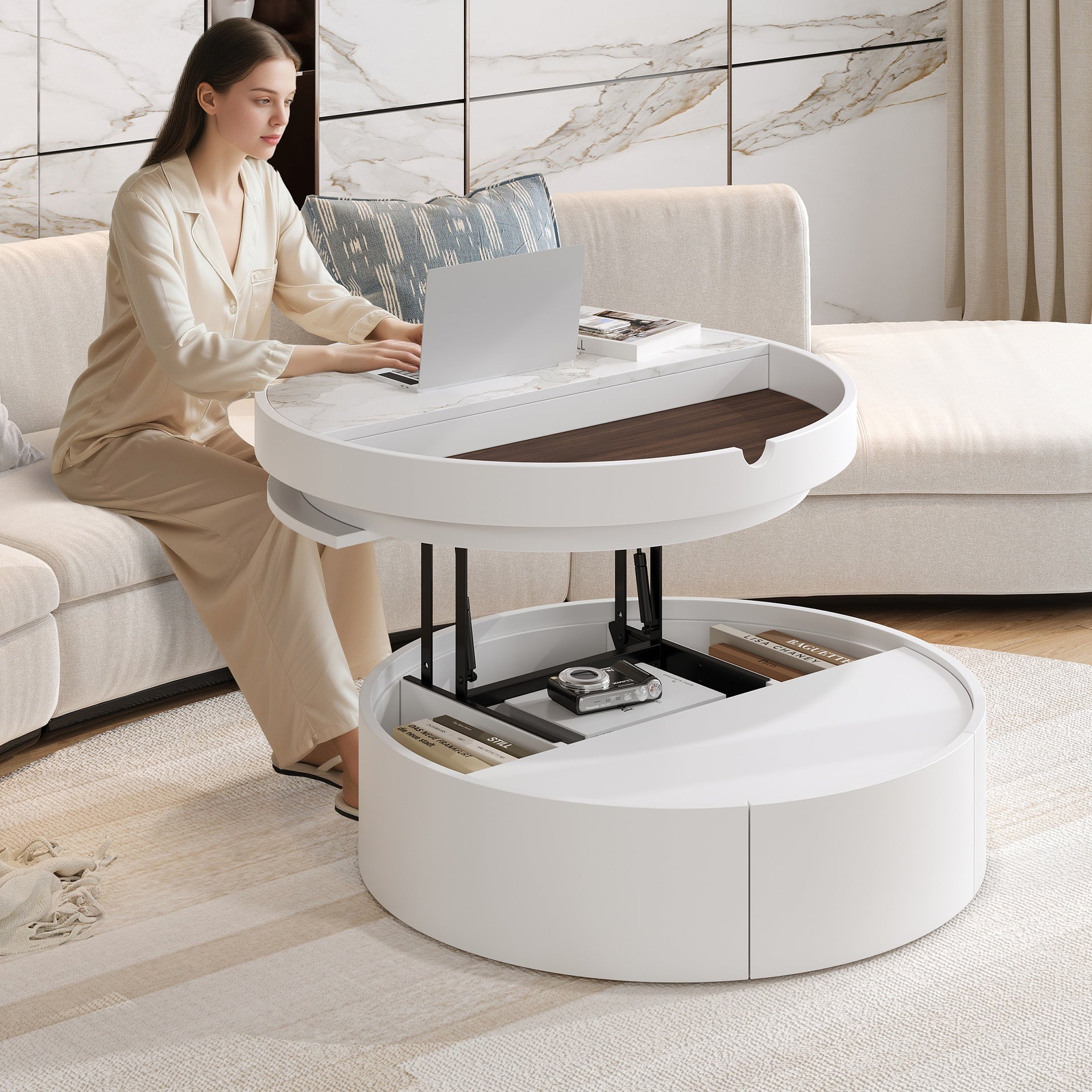 White Round Lift Coffee Table with 1 Drawer in 29.5", Marble and Wood Grain Tabletop