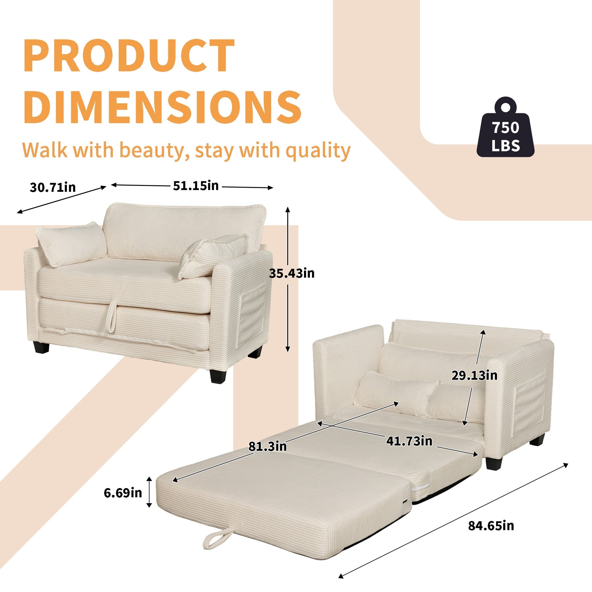 2-in-1 Convertible Corduroy Sofa Bed, 2-Seater Two-Form Switch Loveseat Sleeper Sofa with Side Storage, High-Rebound Sponge & Solid Wood Composite Frame, Easy Assembly for Home Living Room/Study.