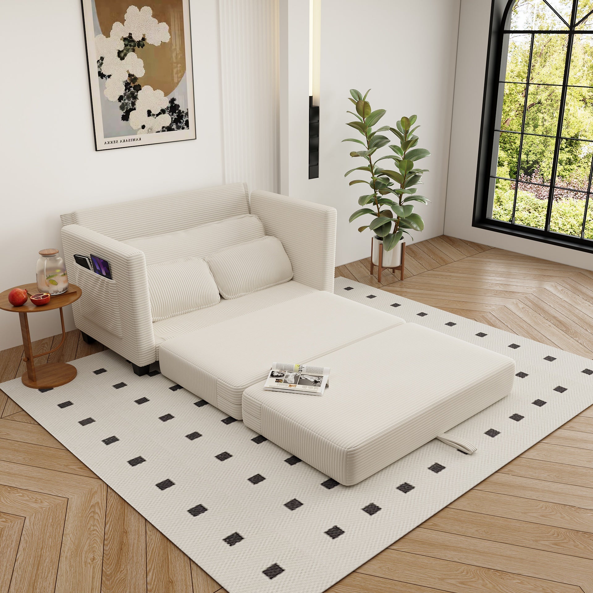 2-in-1 Convertible Corduroy Sofa Bed, 2-Seater Two-Form Switch Loveseat Sleeper Sofa with Side Storage, High-Rebound Sponge & Solid Wood Composite Frame, Easy Assembly for Home Living Room/Study.