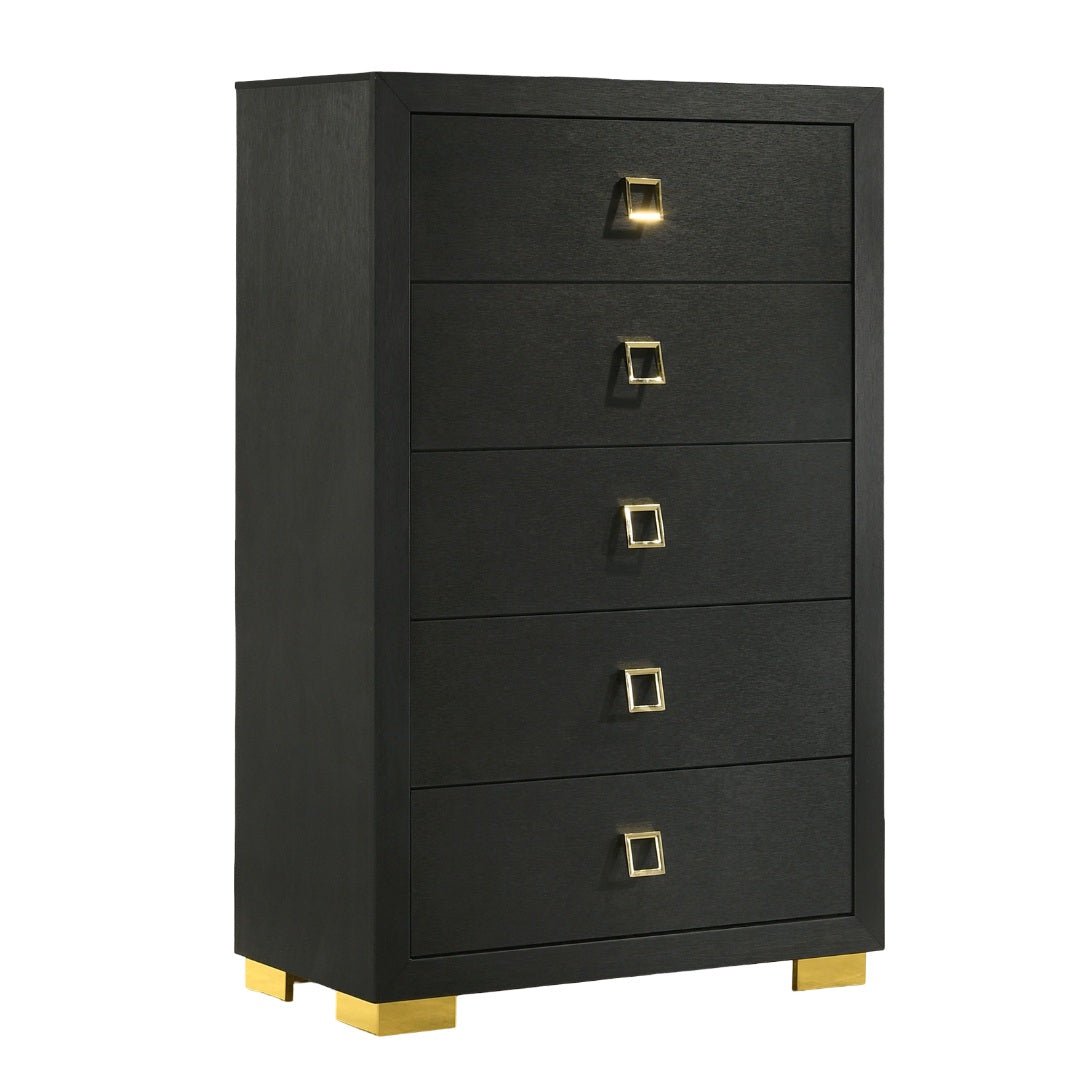 Modern Contemporary Style 1pc Chest Gold Square Handles And Metal Legs Centre Glide English Dovetail Drawers Black Finish Bedroom Furniture