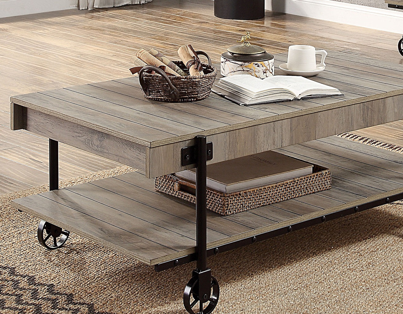 Industrial Style 1pc Coffee Table Open Bottom Shelf Replicate Wood Wheel Legs Slat Design Natural Tone And Black Finish