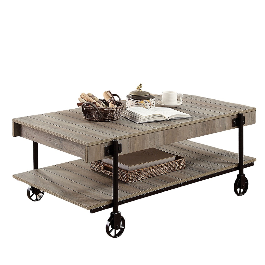 Industrial Style 1pc Coffee Table Open Bottom Shelf Replicate Wood Wheel Legs Slat Design Natural Tone And Black Finish