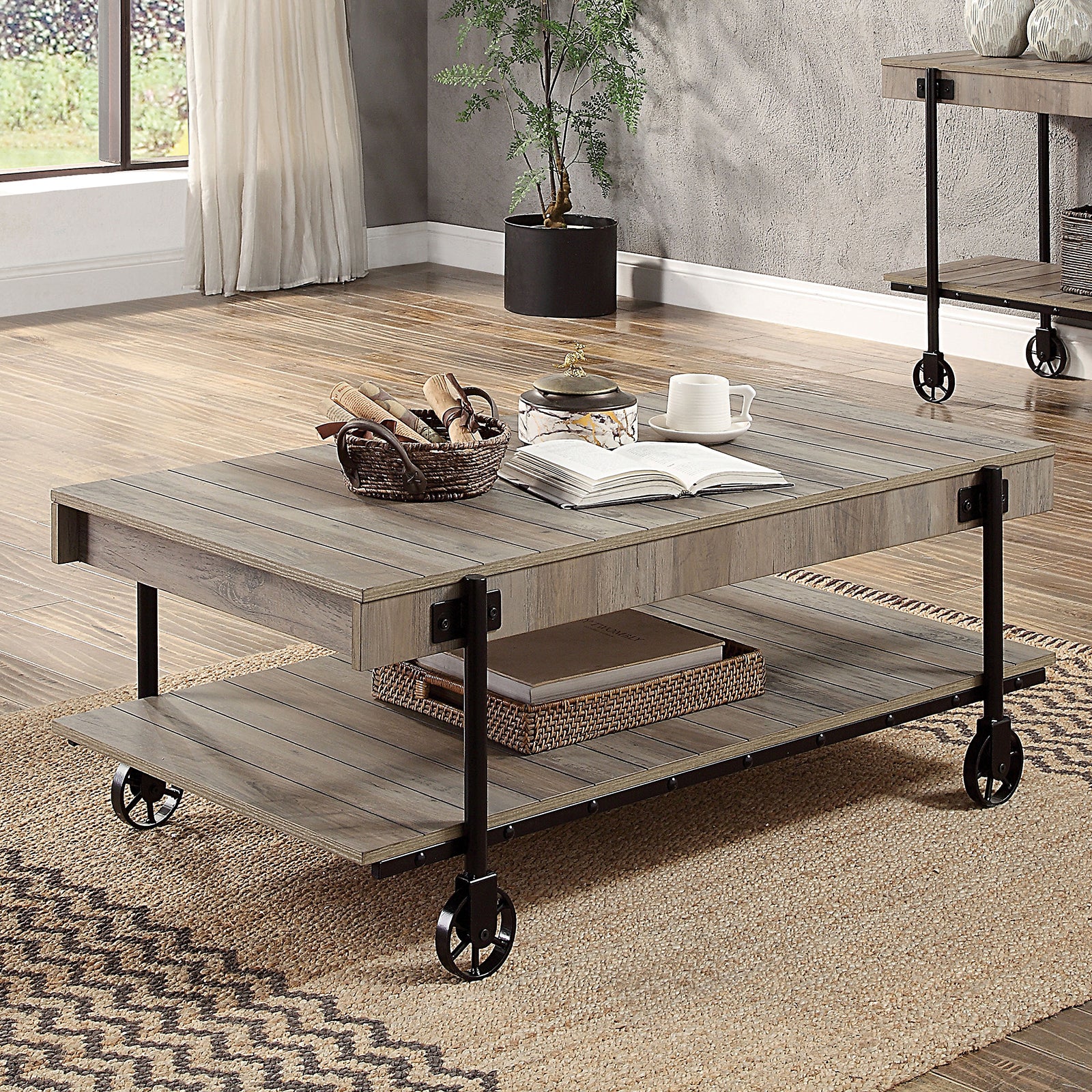Industrial Style 1pc Coffee Table Open Bottom Shelf Replicate Wood Wheel Legs Slat Design Natural Tone And Black Finish