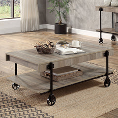 Industrial Style 1pc Coffee Table Open Bottom Shelf Replicate Wood Wheel Legs Slat Design Natural Tone And Black Finish