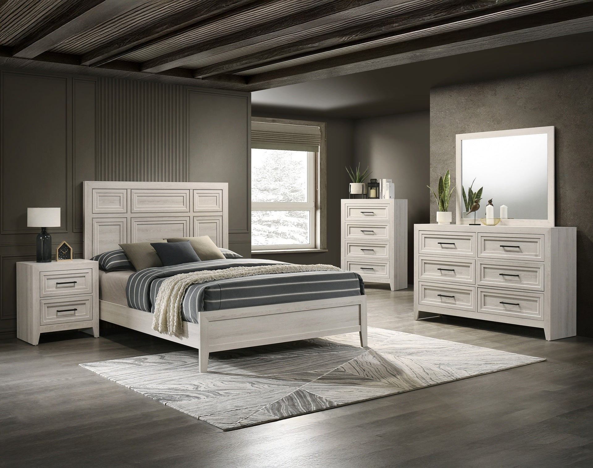 1pc Contemporary Six Drawer Dresser Geometric Design Off-White Finish Wooden Furniture