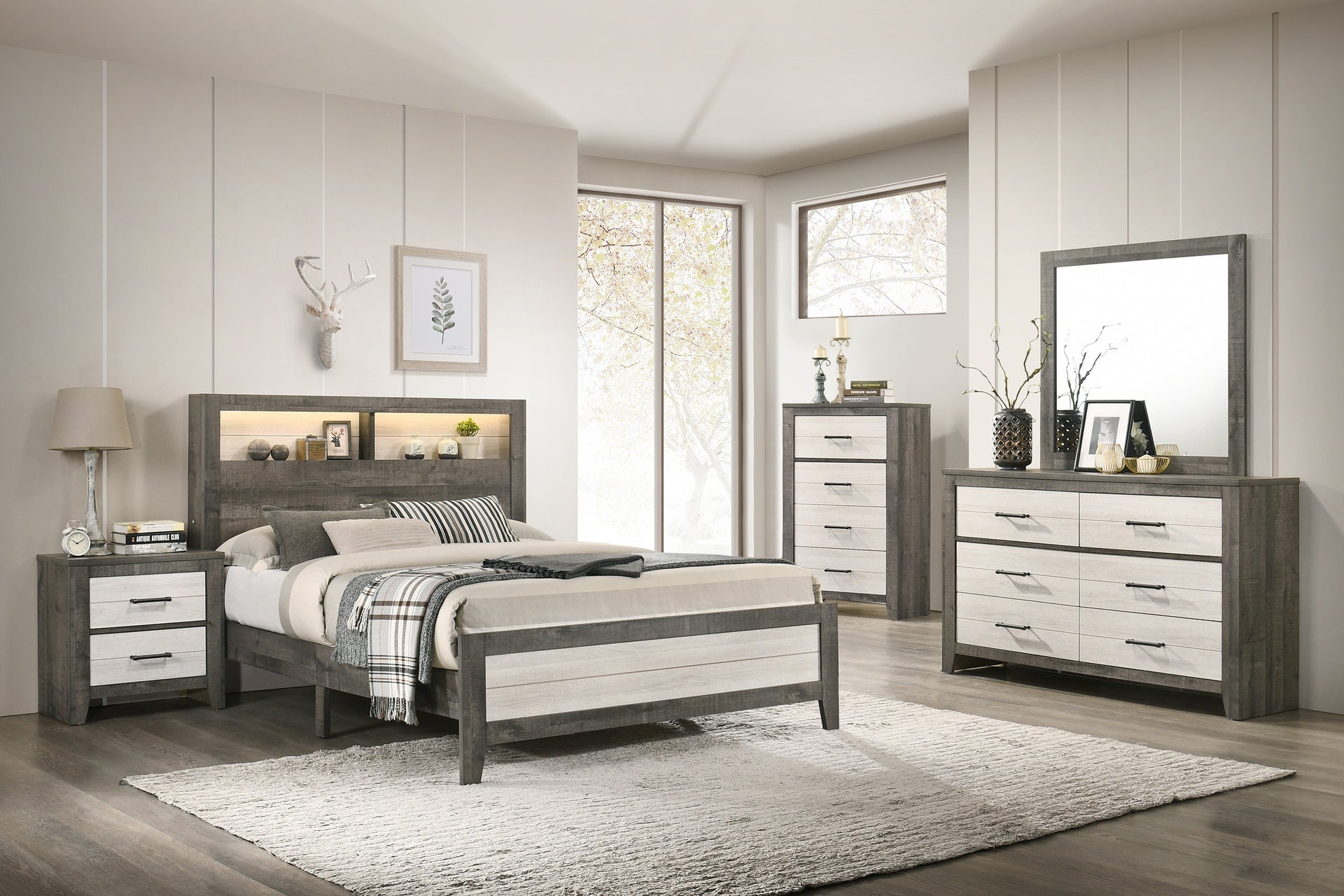1pc King Size Platform Storage Bed Low-profile Plank-style Headboard Built-in Lighting Modern Farmhouse Style Gray Beige