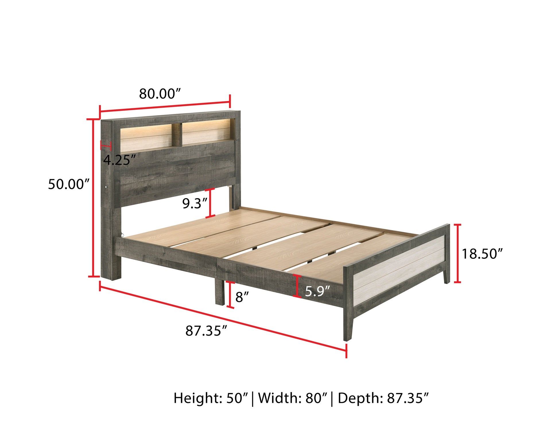 1pc King Size Platform Storage Bed Low-profile Plank-style Headboard Built-in Lighting Modern Farmhouse Style Gray Beige