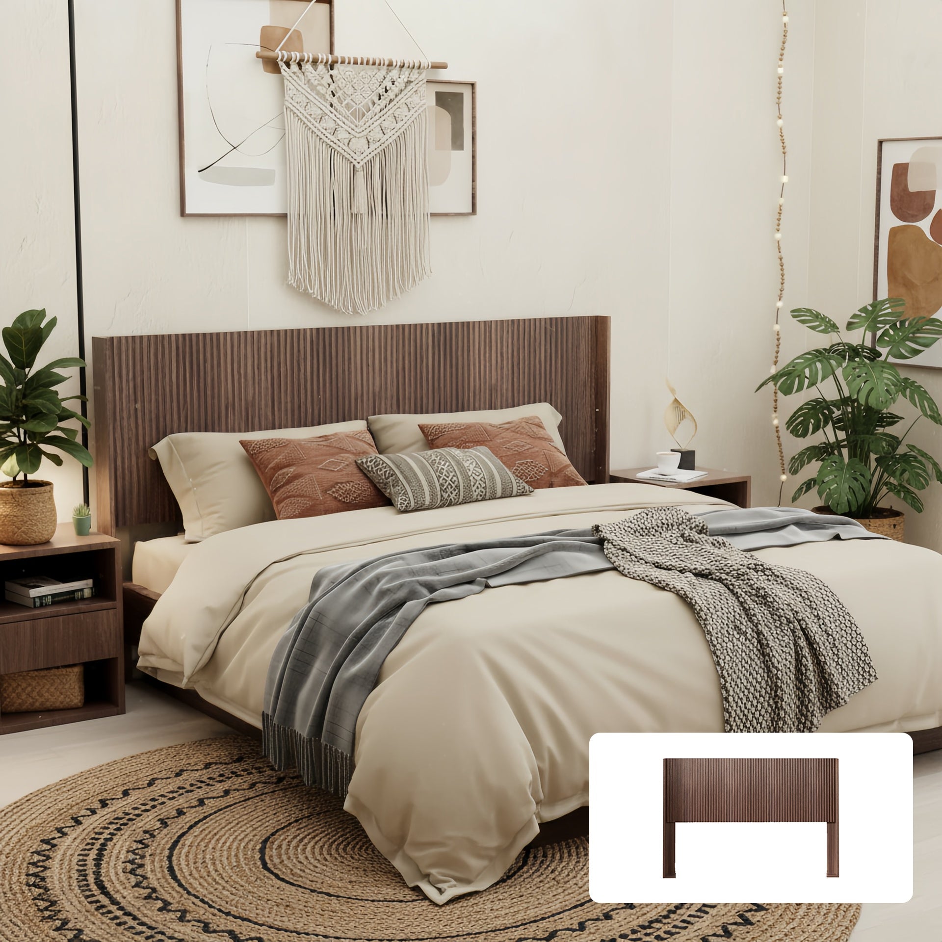 Wood Headboard Queen Size, 64.4" Wide Wooden Queen Headboard Only, Modern Farmhouse Headboards, Wall Mounted Fluted Panel, Wingback Boho Headboards, Walnut