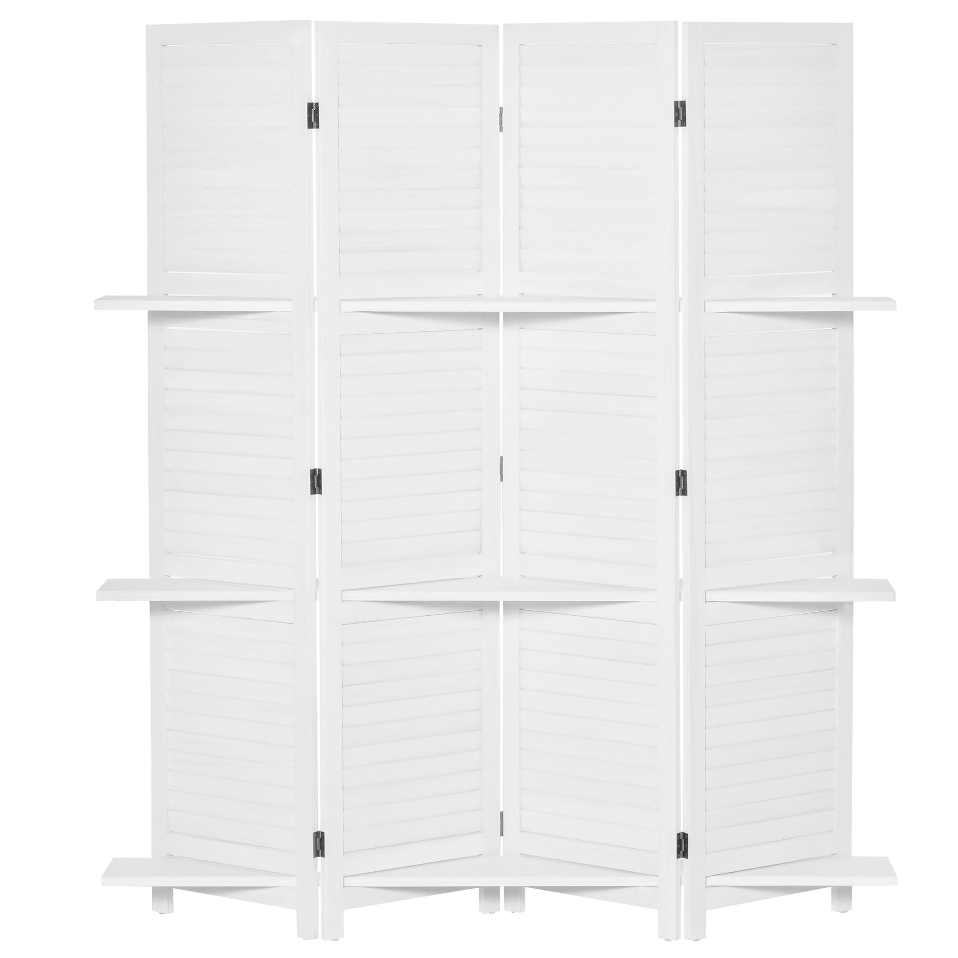 HOMCOM 4 Panel 67" Tall Wood Privacy Screen Room Divider with 3 Display Shelves, and Folding Storage for Bedroom or Home Office, White